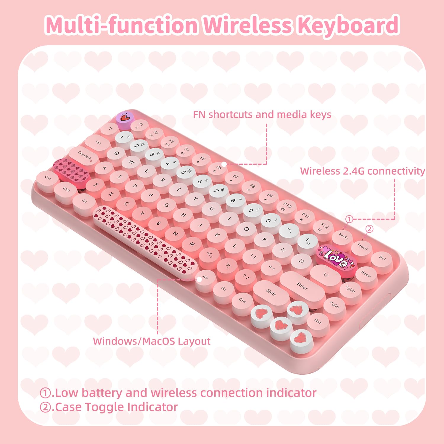LexonElec 308i Pink Wireless Keyboard and Mouse Set, Retro Typewriter with Cute Gradient Round Keycaps, Soft Touch Keyboard, for Mac/Windows/PC/Lapto
