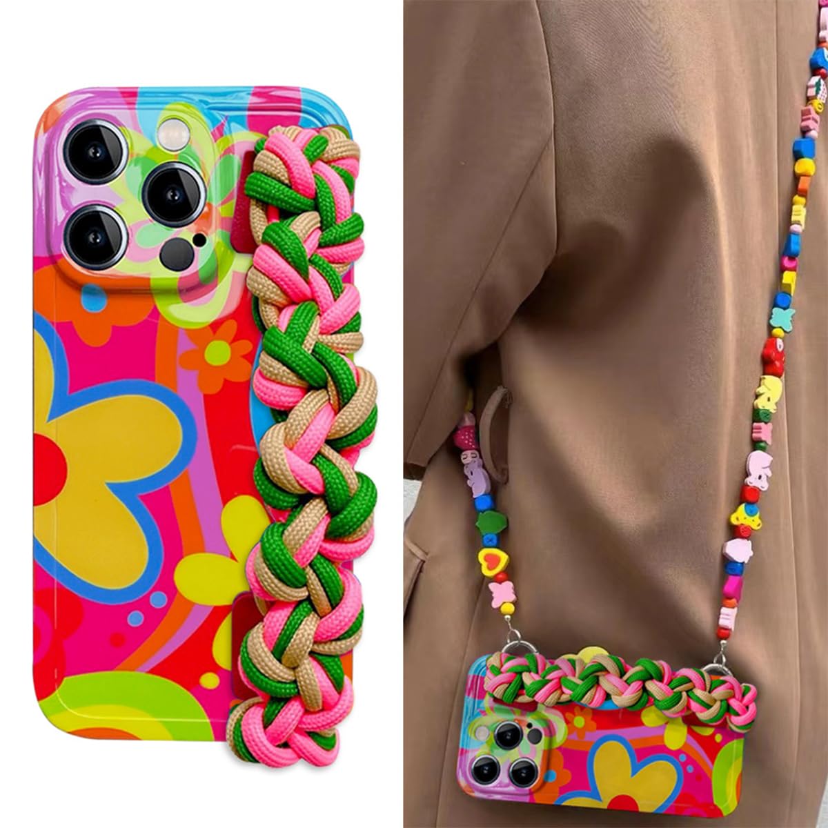 Flower with Lanyard Neck Strap Silicone Phone Case for iPhone 15, 14, 13, 12 Series, Crossbody Case with Lanyard and Wristband Kickstand (Woven