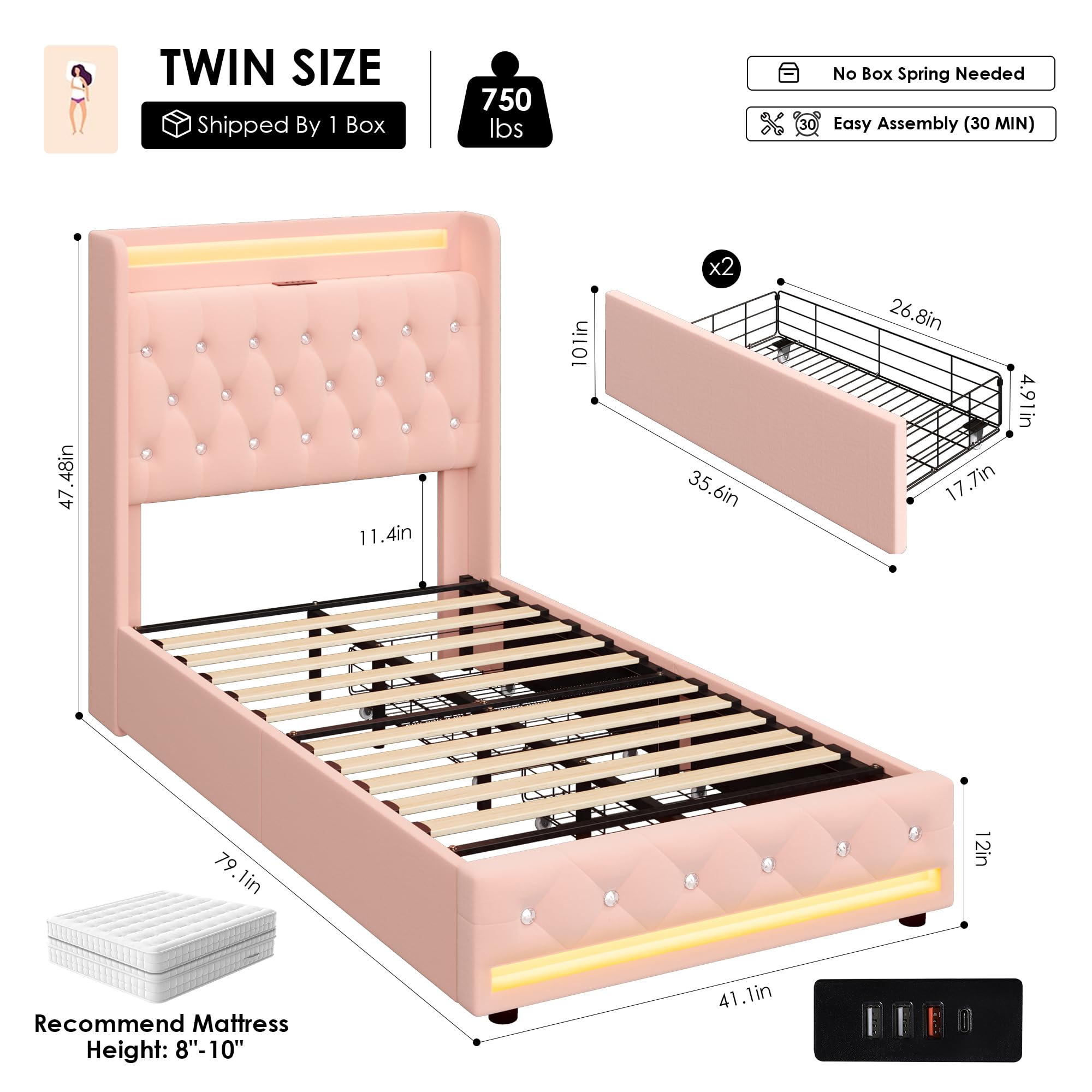 Amazon.com: HIFIT Upholstered Twin LED Bed Frame with Charging