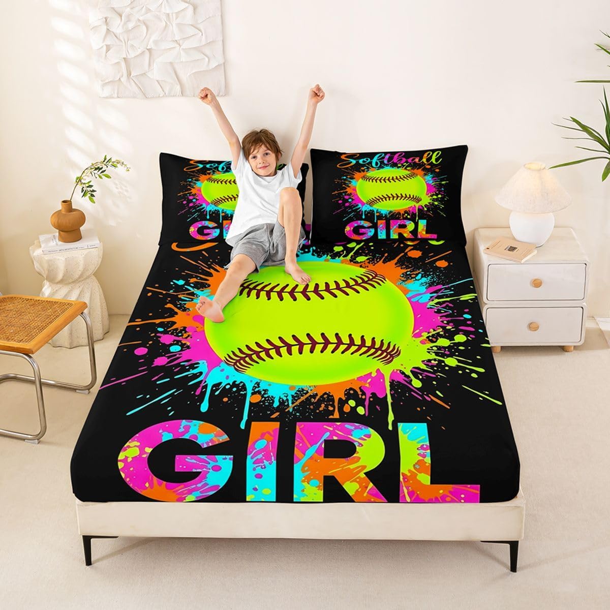 jejeloiu Kids Softball Fitted Sheet Full Size for Boys Girls Teens