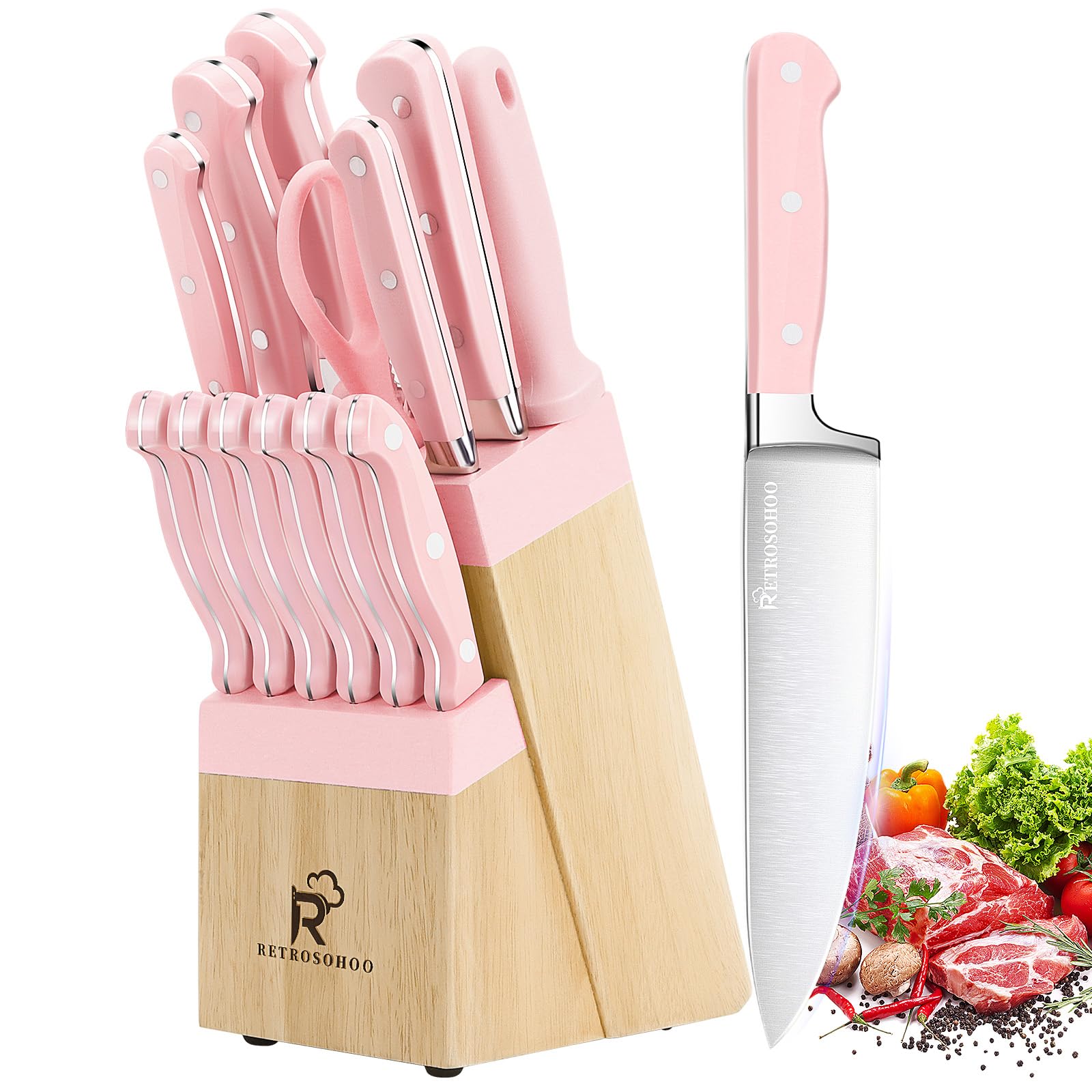 Justup Messerblock Set 12-teilig | Edelstahl Küchenmesser Mit Block | In-Schublade Organizer | Inkl. 6 Steakmesser