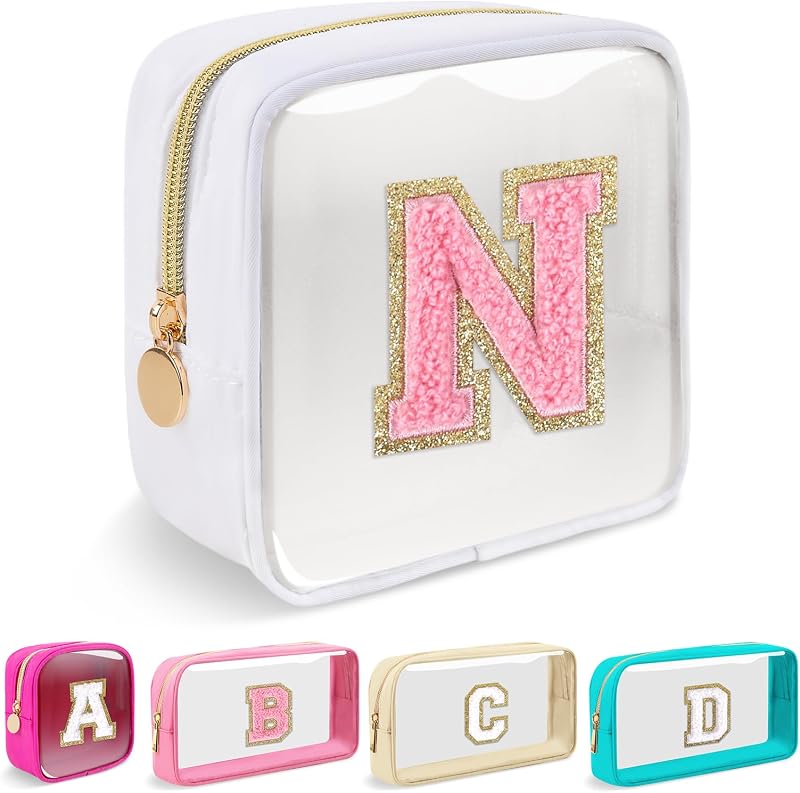 Necessaire de maquiagem transparente Iqimott com letra Chenille, zíper e estampa de letras, Mini-White, 1 unidade