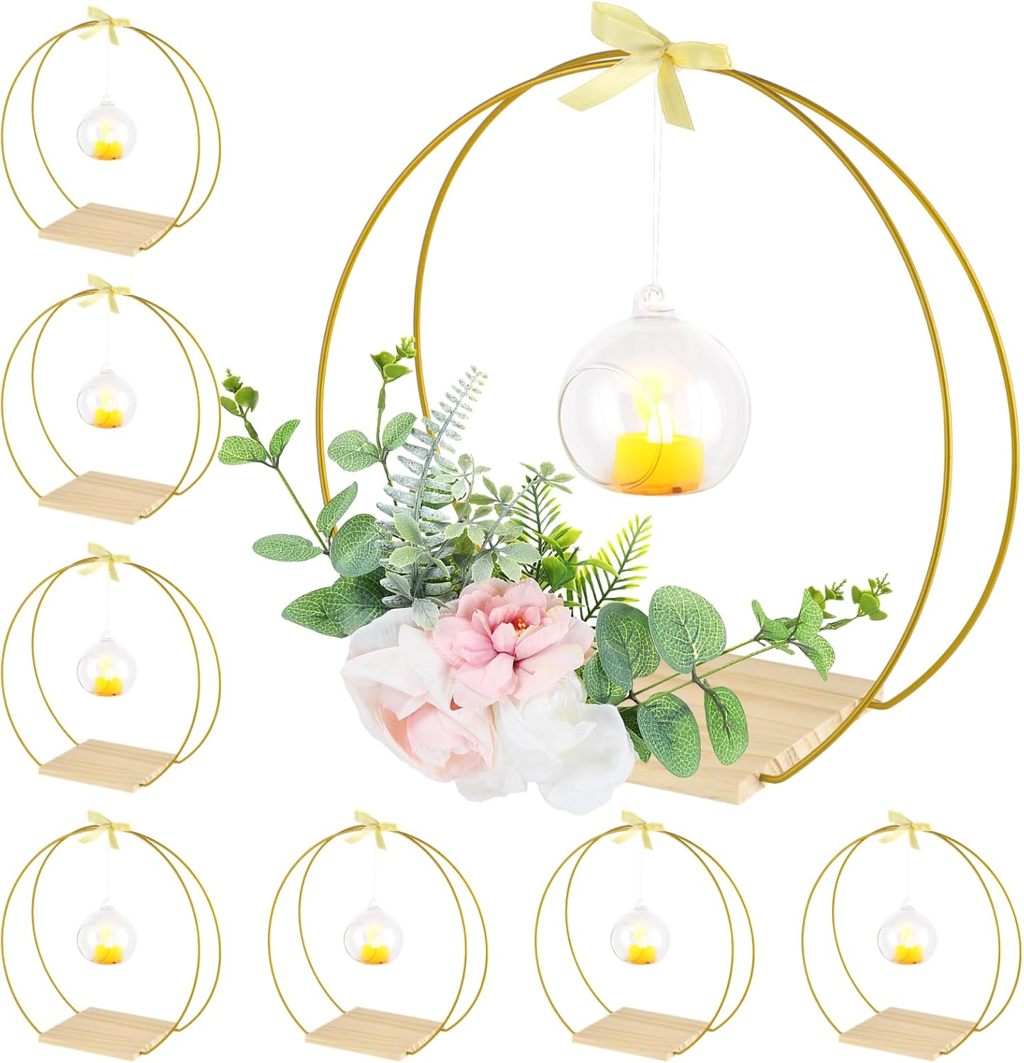 8 Pack Floral Hoop Centerpiece with Candle Lights, 12 Inch Double Floral Hoop Table Centerpieces wih Stand and Light, Metal Macrame Gold Wreath Ring for DIY Wedding Party Decor