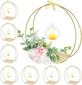 8 Pack Floral Hoop Centerpiece with Candle Lights, 12 Inch Double Floral Hoop Table Centerpieces wih Stand and Light, Metal Macrame Gold Wreath Ring for DIY Wedding Party Decor