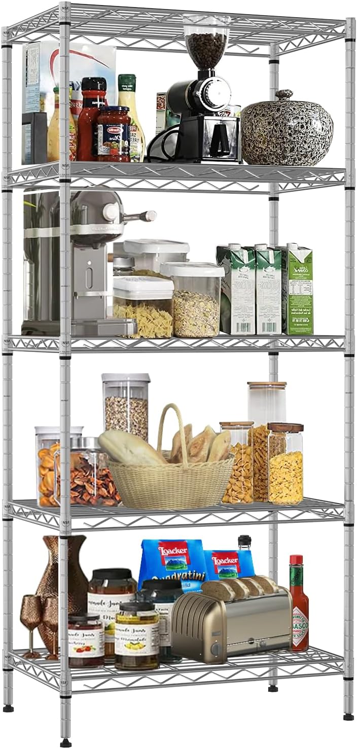 Dkeli 5-Tier Wire Shelving Unit NSF Metal Storage Shelves 24" L x 14" W x 60" H Height Adjustable Wire Shelf with Adjusting Leveling Feet for Kitchen Office Pantry Bathroom Garage, Chrome