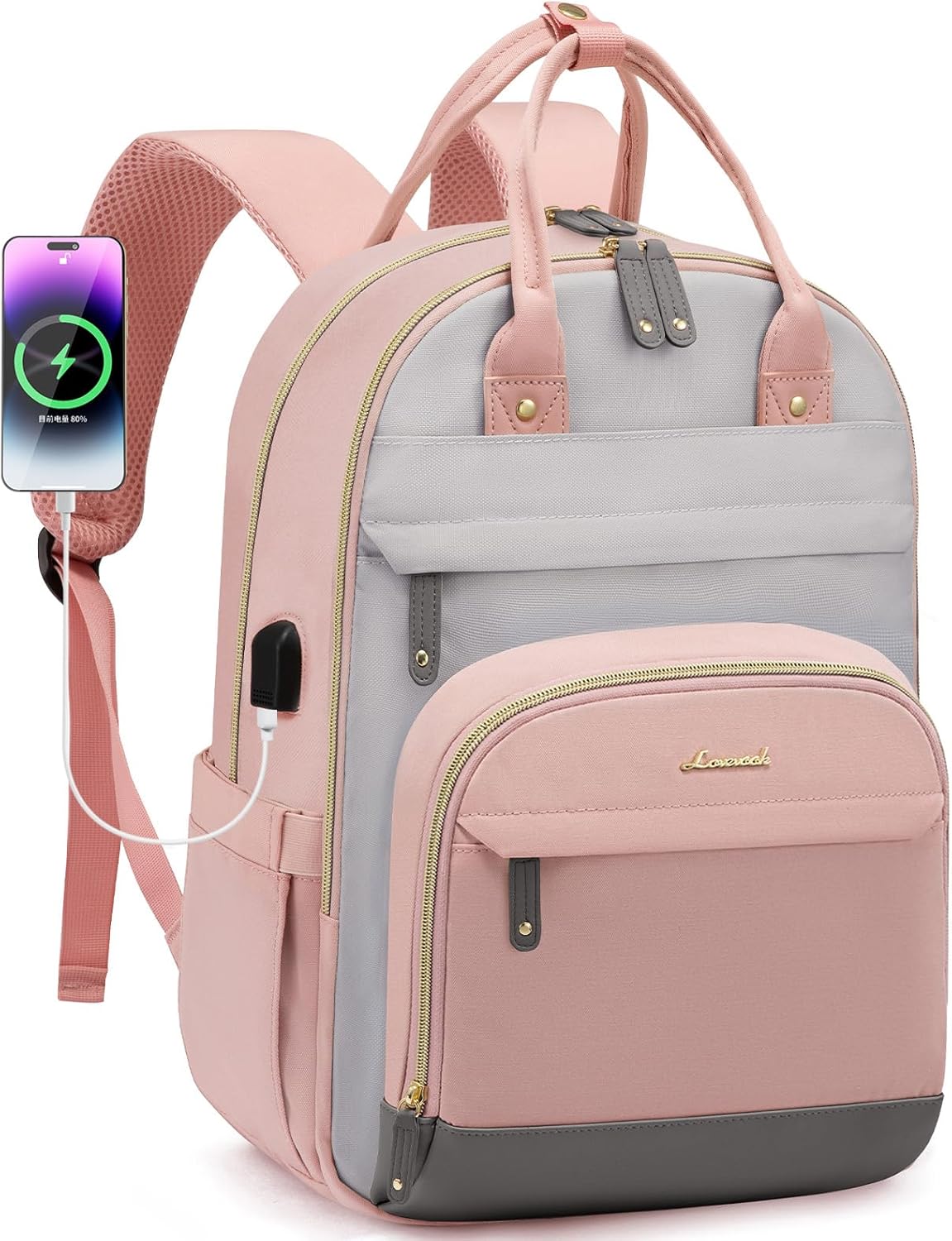 LOVEVOOK Backpack for Women,Laptop Backpack Women,Fits 15.6 Inch Laptop Bag,School Backpacks,Fashion Travel Work Anti-theft Bag,Waterproof Business Computer College Backpack Purse,Grey-Pink-Grey
