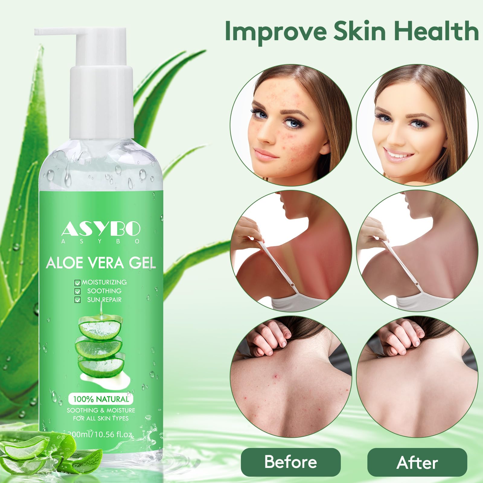 ASYBO 300 ml Aloe Vera Gel, 100% natrliche, reine Aloe Vera  Feuchtigkeitscreme, After-Sun-Pflege, reduziert Akne, repariert Narben :  Amazon.de: Kosmetik