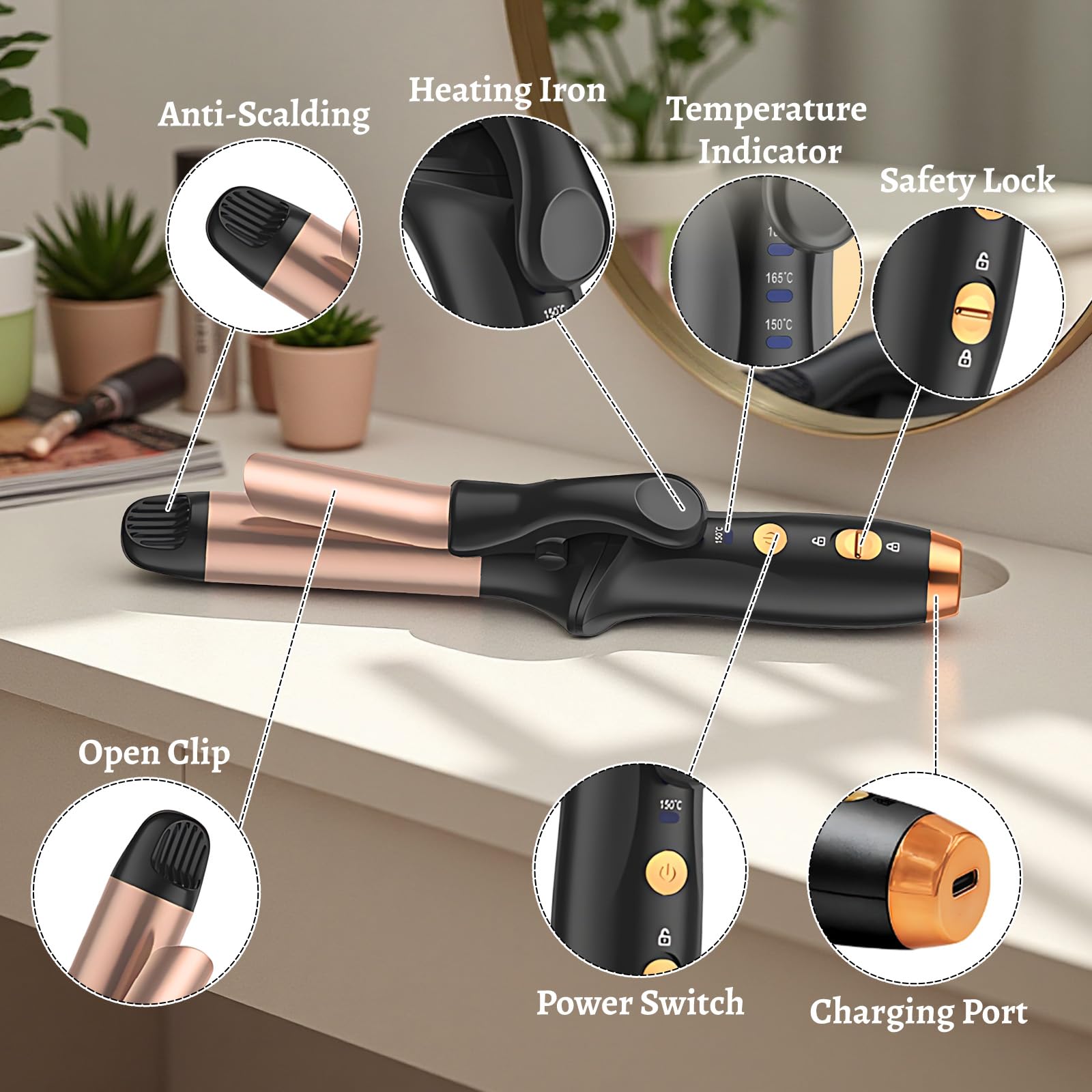 Rizador de pelo inalámbrico de 25 mm para ondas y rizos naturales, varita rizadora inalámbrica de cerámica con 3 velocidades de temperatura, mini rizadores de viaje de 4000 mAh con bolsa de
