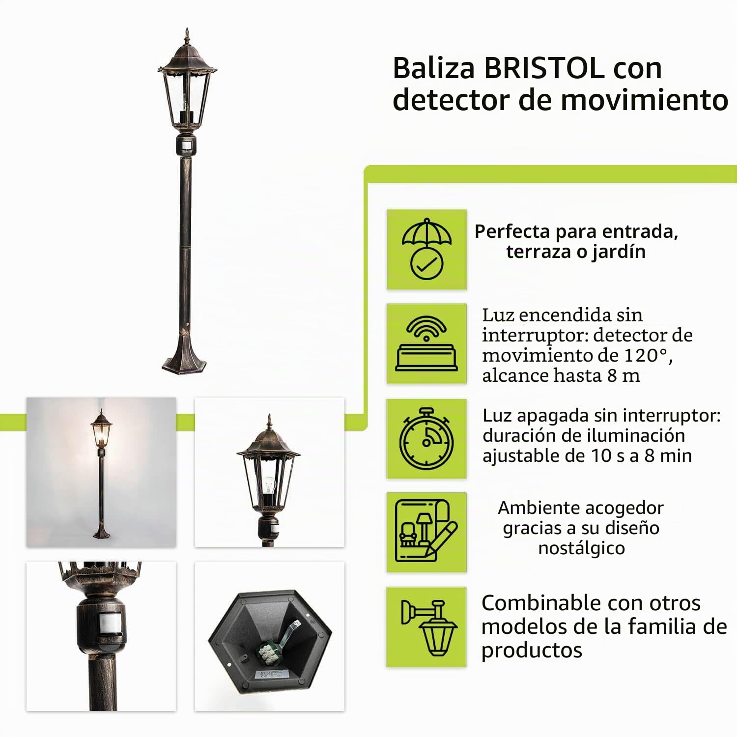 Licht-Erlebnisse BRISTOL - Lámpara de pie con detector de movimiento, color negro y cobre, pequeño, 120 cm, IP44, lámpara rústica de jardín