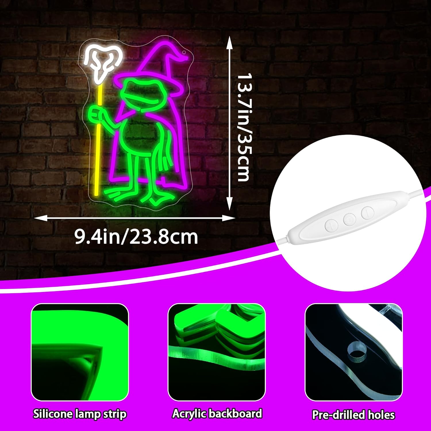Frog Witch Neon Sign for Wall Decor Dimmable Cute Frog Neon Light for Man Cave Funny Animal Birthday Gifts for Boys LED USB Powered Anime Sign for Women Room Garage Beer Bar Size13.7 * 9.4In(WZCP292) - Image 3