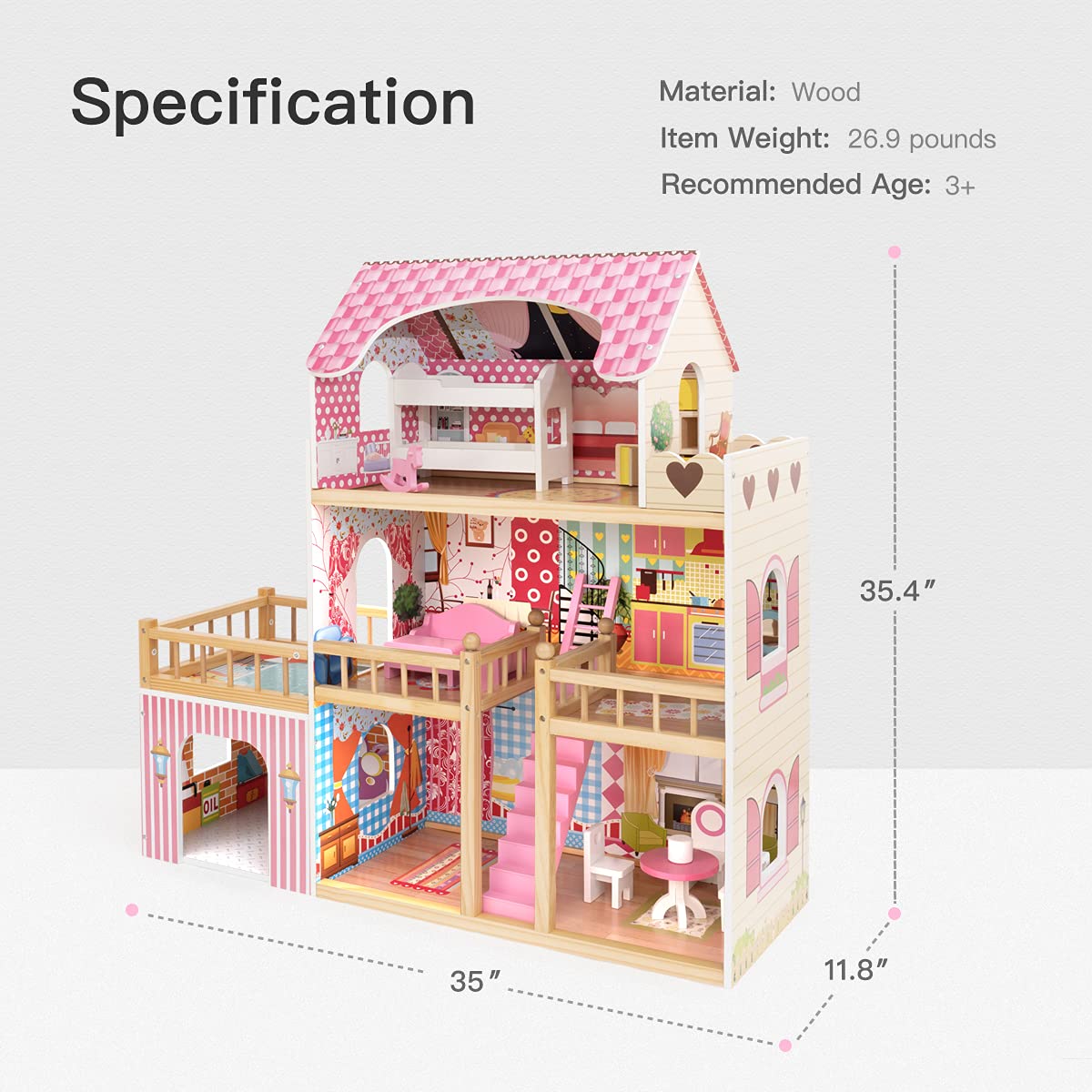 ROBUD Wooden Dollhouse for Kids 38 Years with Furniture 3ft Tall 3