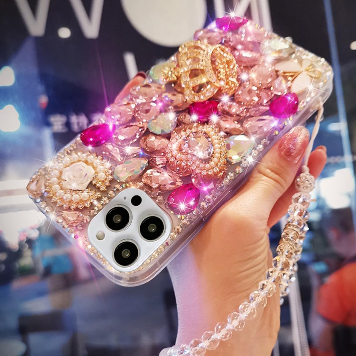 for iPhone 16 Glitter Bling Case,Cute Luxury 3D Sparkle Crown Crystal Rhinestone Diamond Stunning Gemstones Pearl with Lanyard Wrist Strap Women Girls Phone Case for iPhone 16 6.1" (Hot Pink) - Image 7