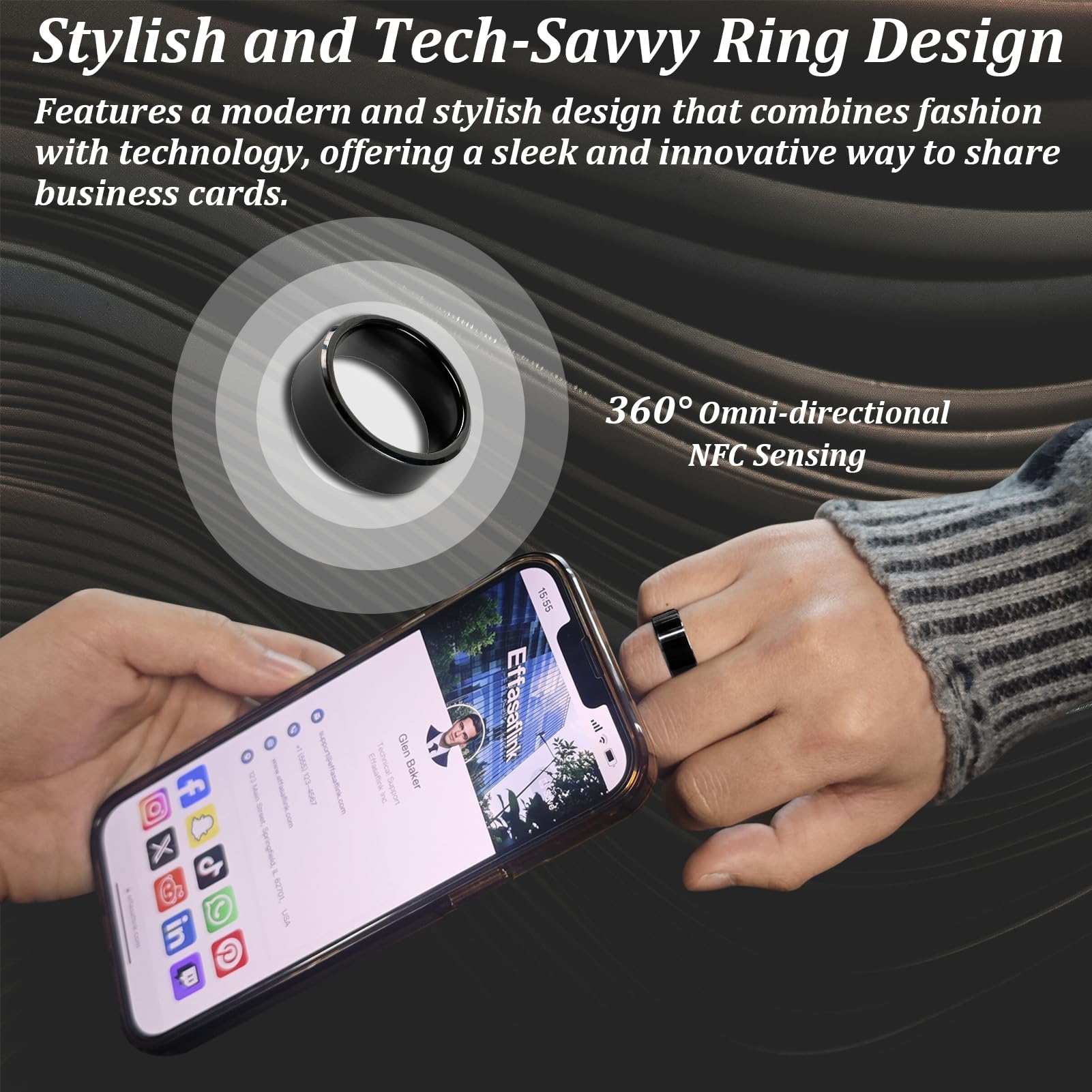 Customized Online Profile, Digital Business Card, Wide Face Black NFC Ring, Tap to Share Social Information, for iPhone & Android (US#10)
