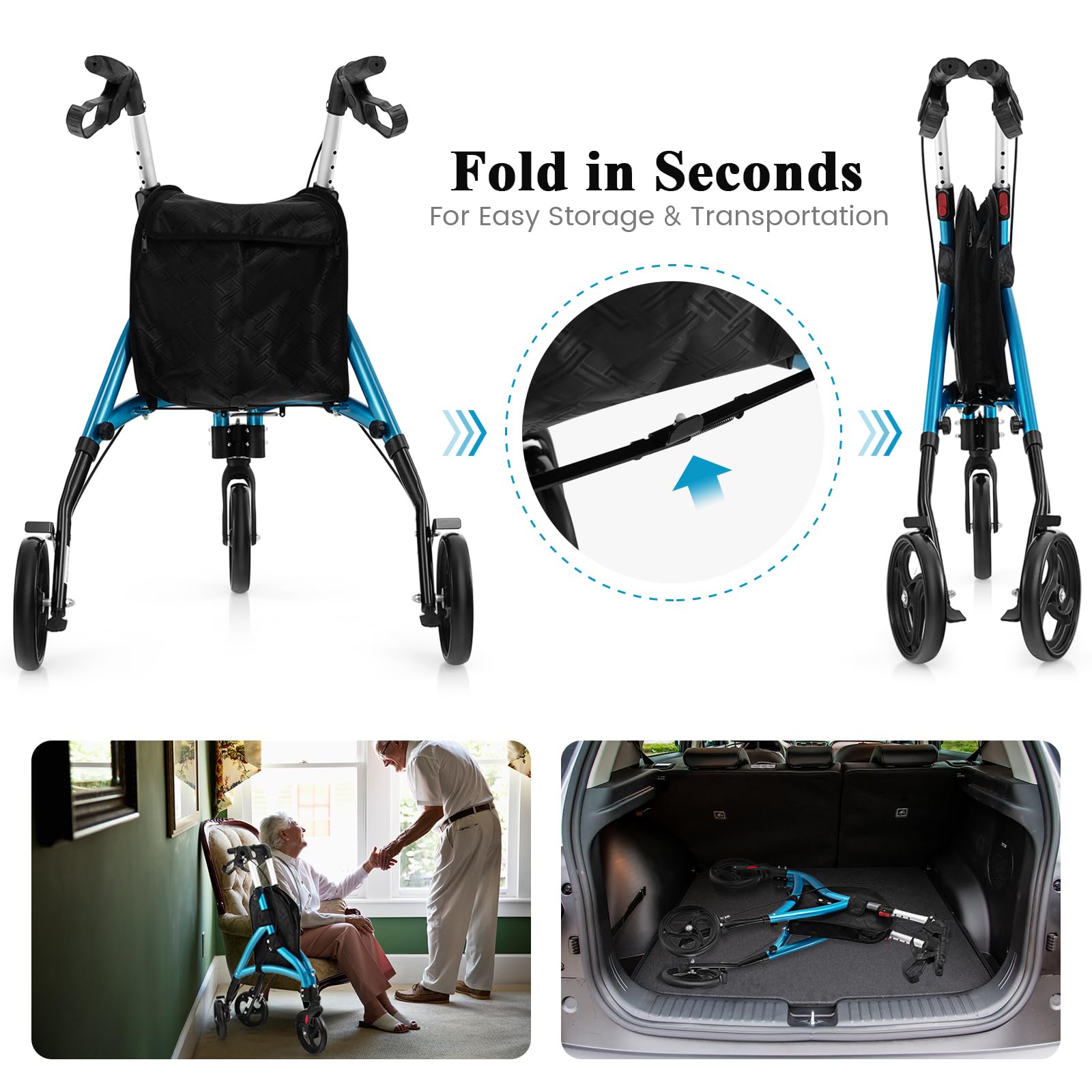 Rollatoren 4 Räder mit Sitz, zusammenklappbar, leicht, Mobilitätsgehhilfe für ältere Menschen mit Platz und Rädern, Rollator, Aluminium-Tri-Gehgestell mit verstellbarem