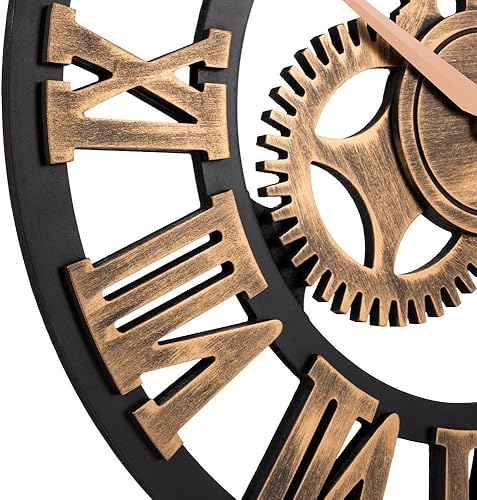 Miniatura 6 de Reloj de pared con números romanos de HQF, Eruner industrial grande decorativo 3D Gear reloj de madera silencioso sin tictac, estilo europeo retro