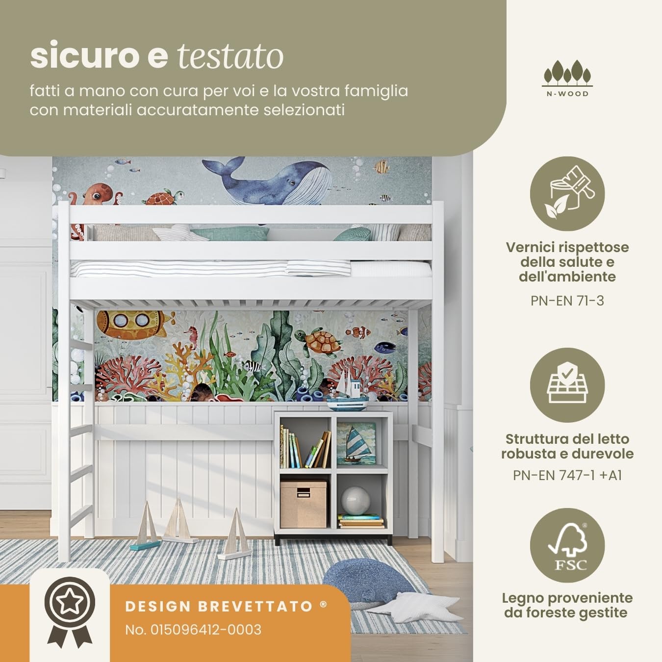 N01 Letto a Soppalco 90x180 cm, 100% Legno massello, Lettino per bambini e adulti, Scala universale: destra o sinistra, Struttura inclusa, Nessuna vite sporgente, Bianco