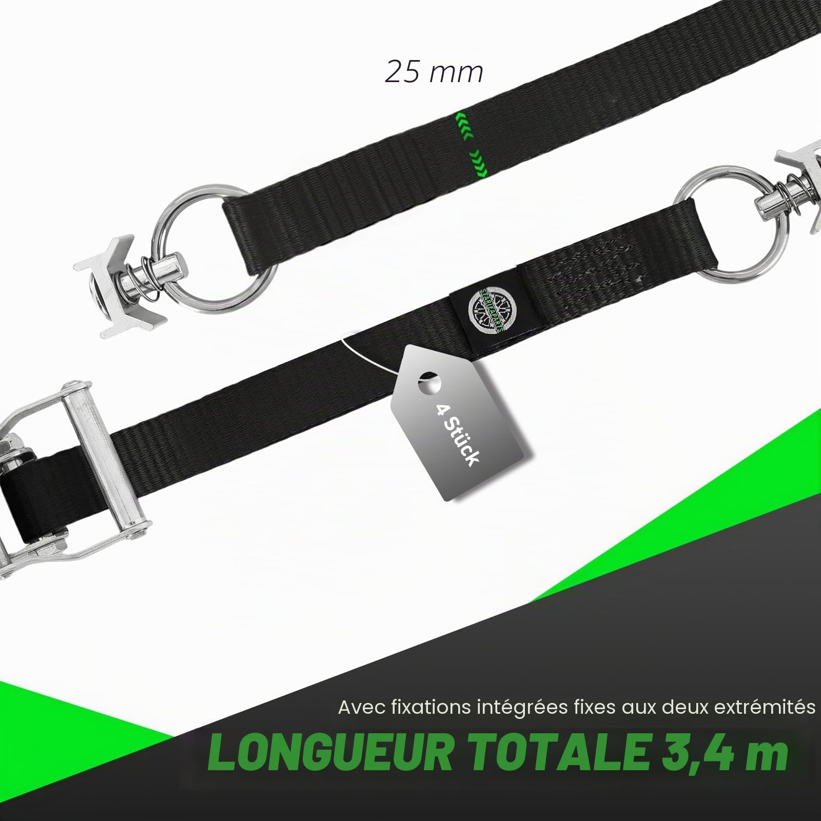 STARLEAPARTS Lot de 4 sangles d'arrimage pour rail d'aviation, 25 mm x 3,4 m, avec ferrure, 1500 kg, résistance à la rupture, avec jeu de cliquets, noir
