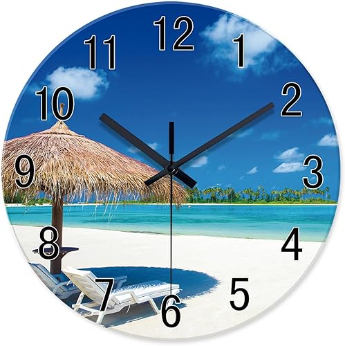 Miniatura 15 de XFM Reloj de pared de playa, silencioso, sin tictac, funciona con pilas, reloj de pared de 12 pulgadas con palmera tropical azul océano azul