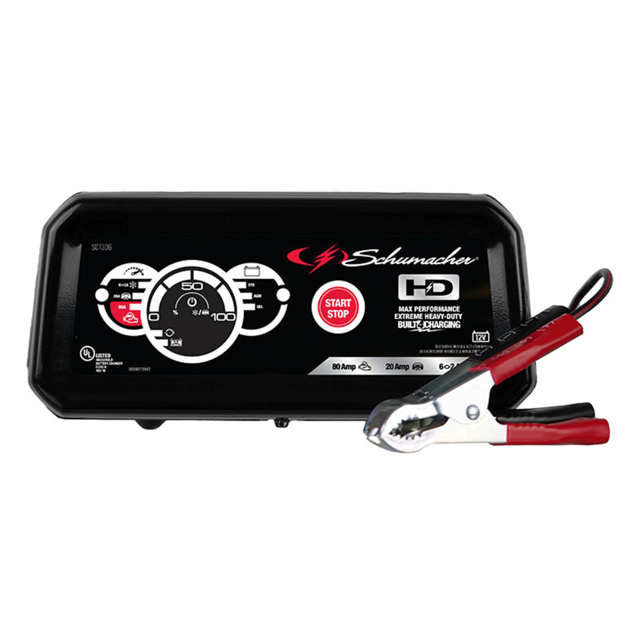 Schumacher Electric Battery Charger and Engine Starter, SC1306, 4-in-1, Fully Automatic, 80 Cranking Amps, 20 Amp Boost Mode, for Motorcycle, Power Sport, Car, Truck, and Marine Batteries