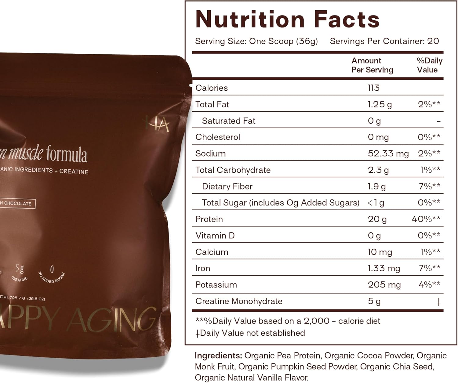 Happy Aging Protein Powder for Women, 20g Organic Pea & Pumpkin Seed Protein, 5g Creatine, Monk Fruit Sweetened, Organic Cocoa & Chia, Vegan Plant Based Protein