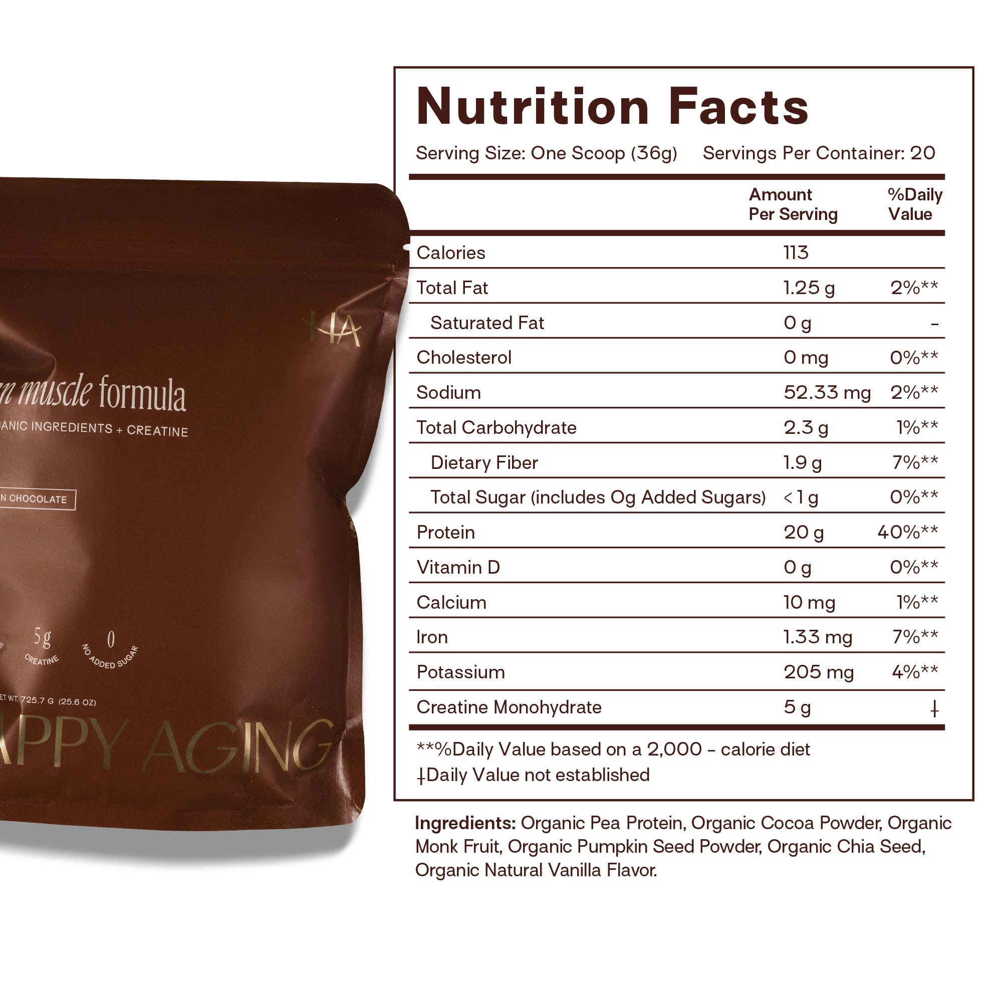 Happy Aging Protein Powder for Women, 20g Organic Pea & Pumpkin Seed Protein, 5g Creatine, Monk Fruit Sweetened, Organic Cocoa & Chia, Vegan Plant Based Protein