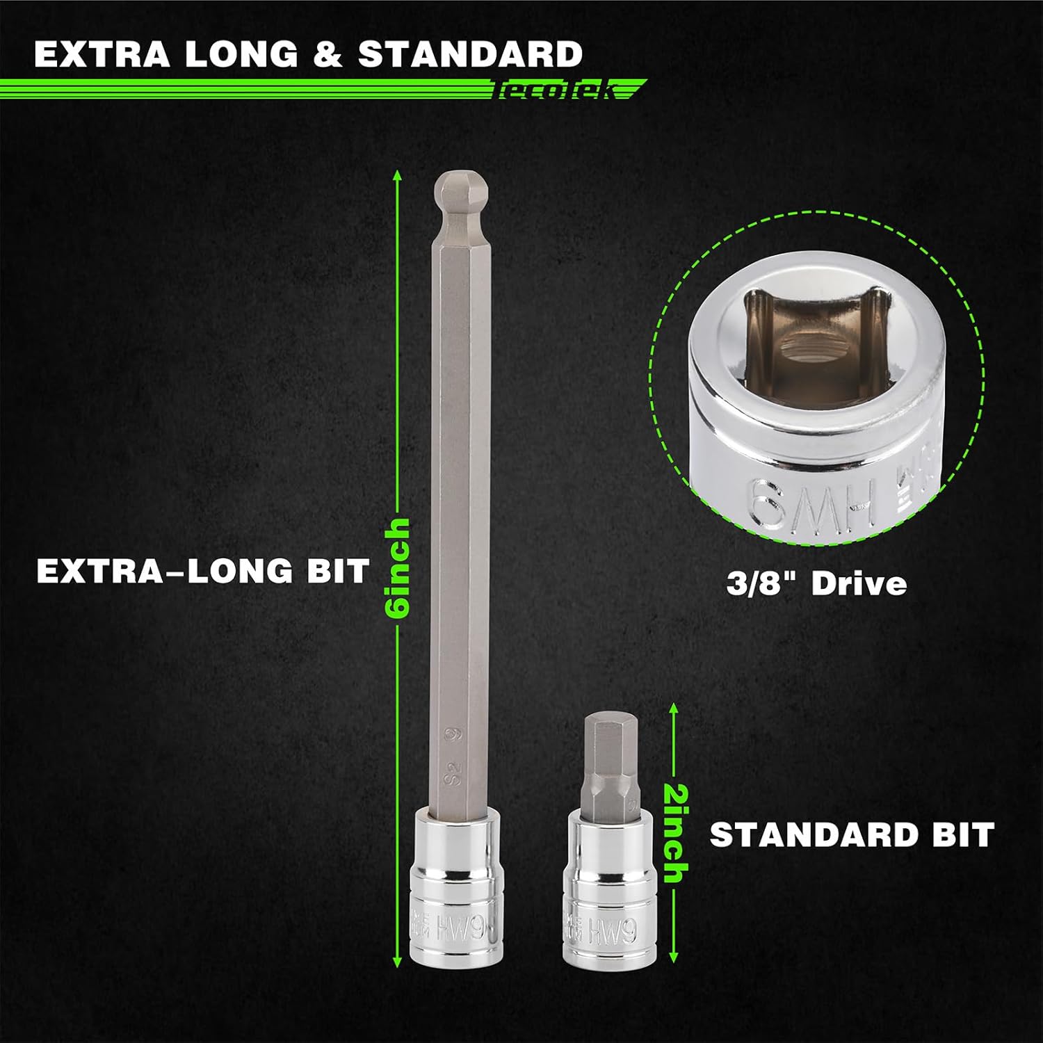 38-Piece 3/8 Inch Drive Extra Long Ball End & Standard Hex Bit Socket Set, Extra Long Allen Socket Set, SAE (1/8-3/8”) and Metric (3-10MM), CR-V & S2 Alloy Steel, Enhanced Storage Case