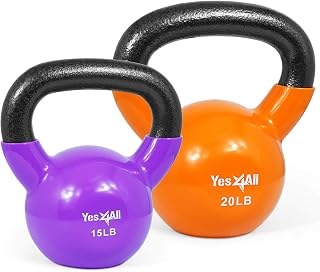 Yes4All Vinyl Coated Cast Iron Kettlebell Set 15-20 lbs - Flat Bottom, Wide Grip for Full Body Strength Training