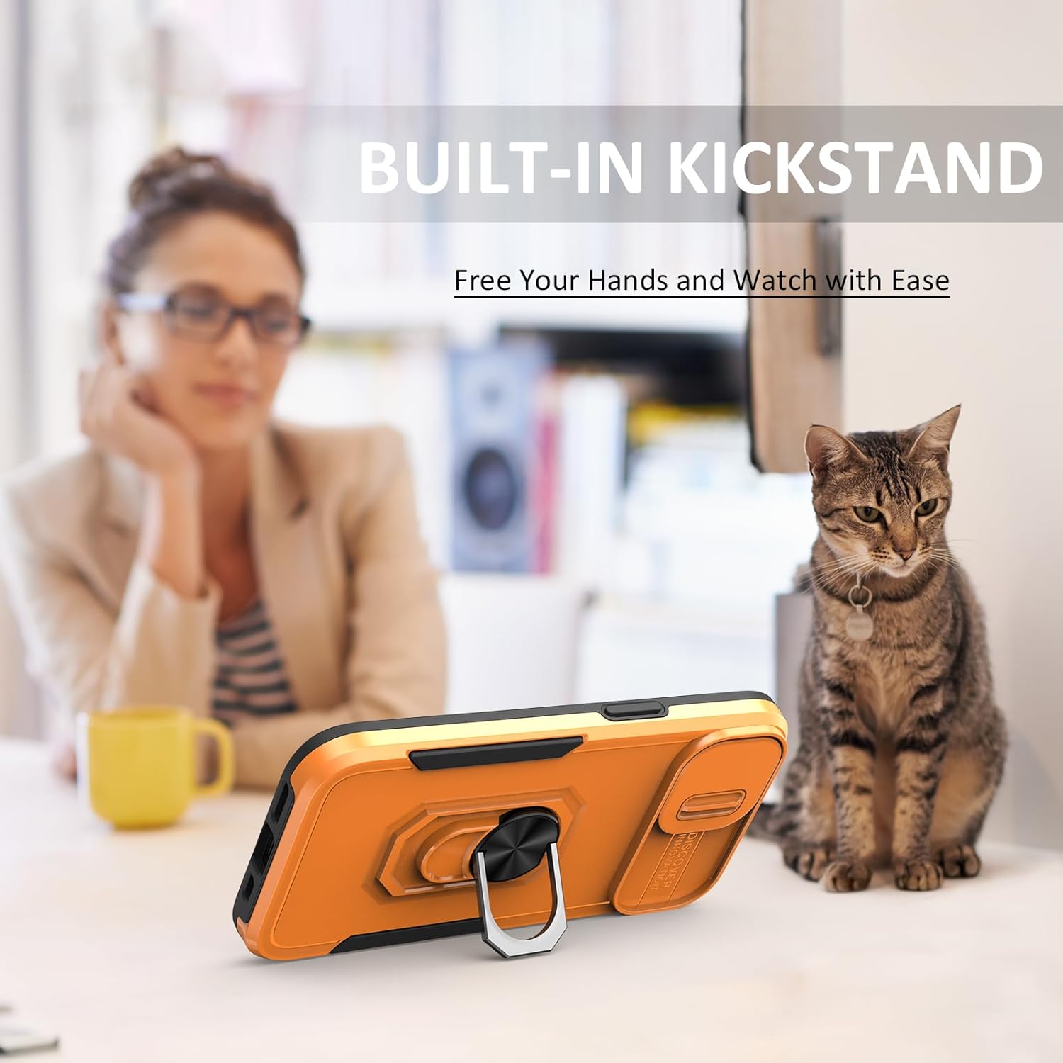 iPhone 15 Plus Case with Camera Lens Cover, Ring Holder Kickstand, Magnetic Car Mount - Orange - Image 6