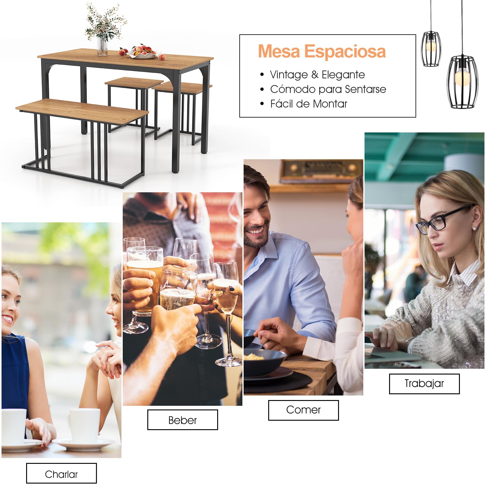 COSTWAY Juego de Mesa de Comedor de 4 Piezas, Mesa de Comedor Industrial con Banco y 2 Taburetes para 4 Personas, Mueble de Comedor, Estructura metálica, Restaurante, Bar (Natural)