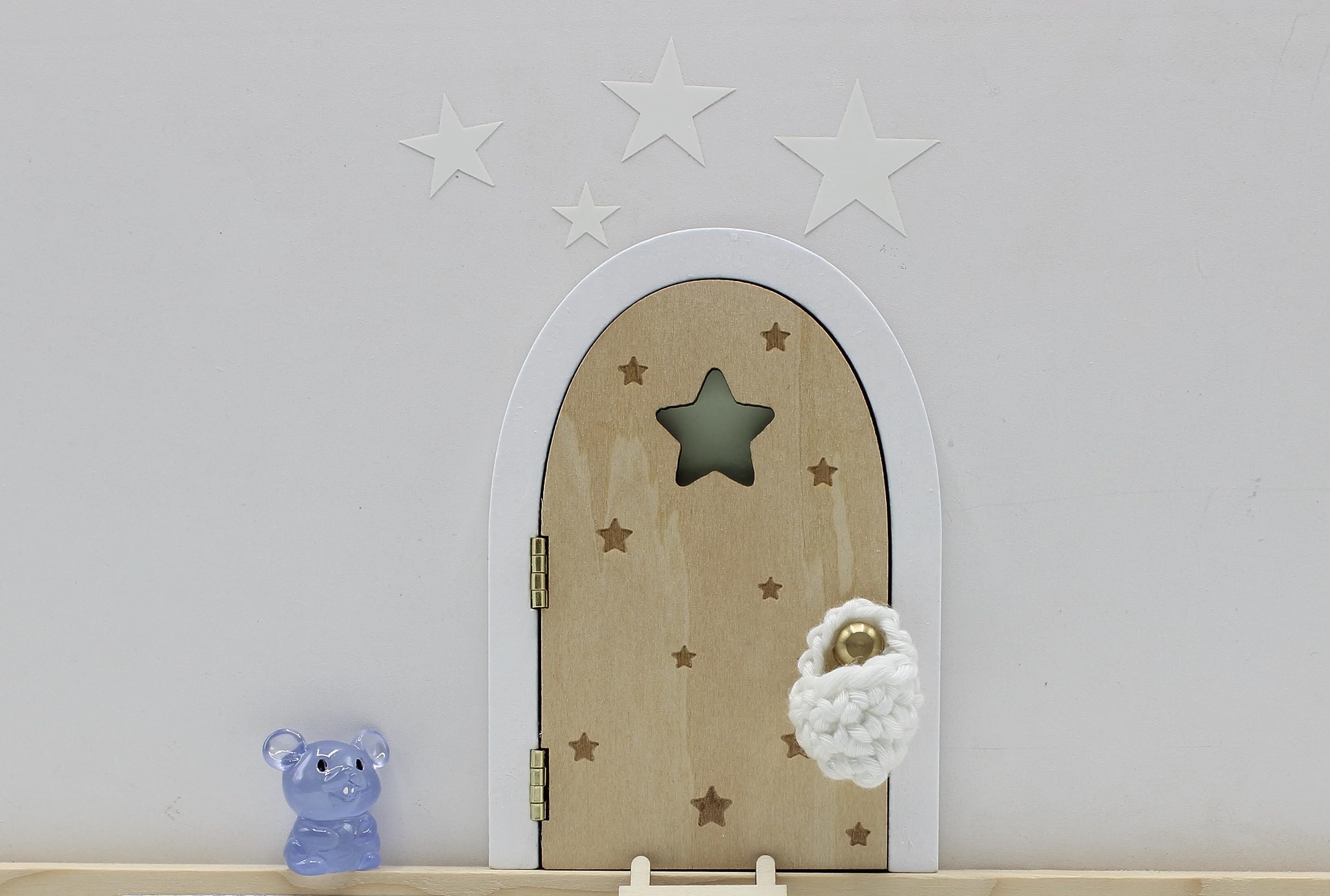 ORIGINAL. Kits mágicos Ratón Pérez – Puertas que brilla en la oscuridad con accesorios mágicos (Madera natural contrachapada ratoncito)