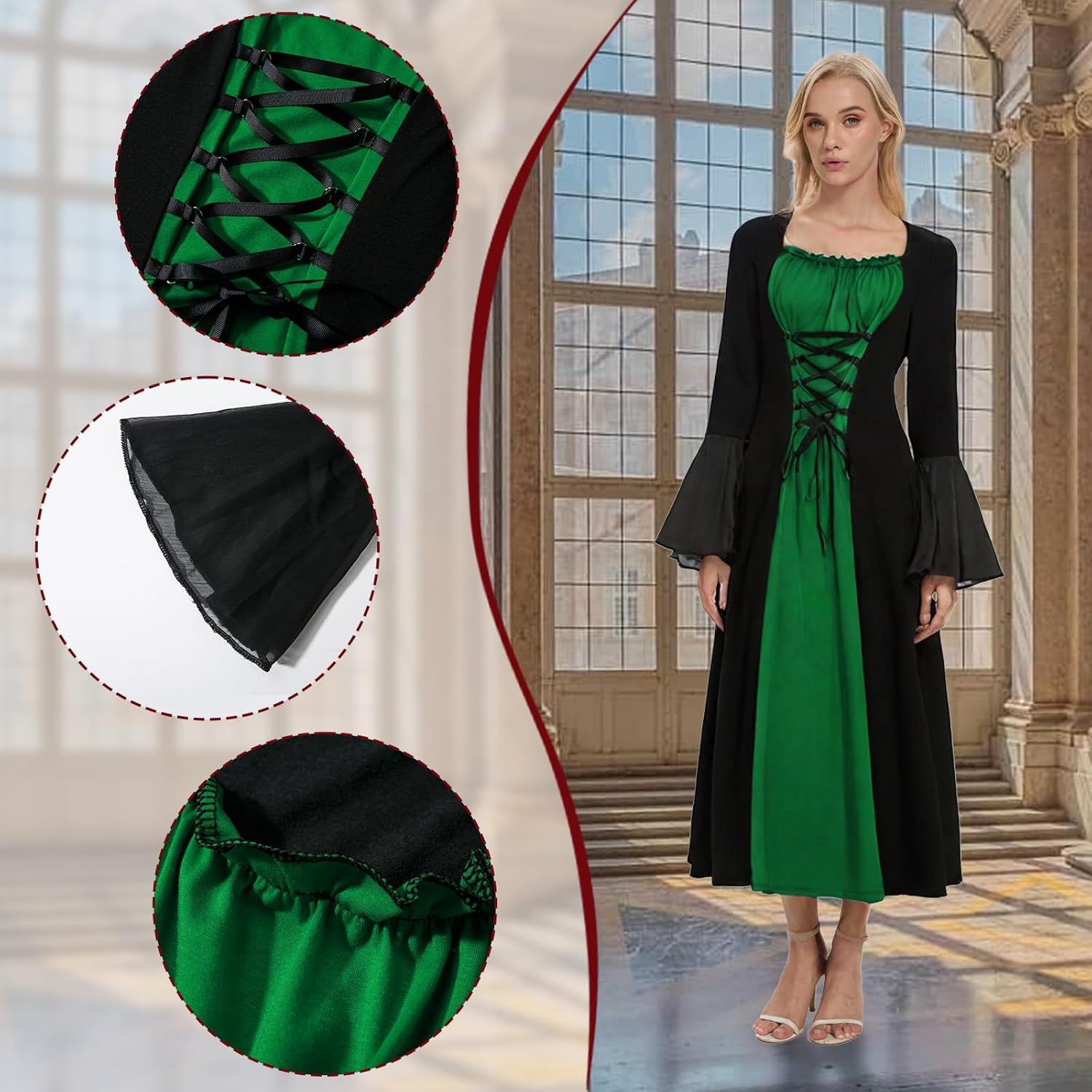Renaissance Costume for Women,Medieval Dress with Trumpet Sleeves,Vampire Witch Gothic Dress for Halloween - Image 4