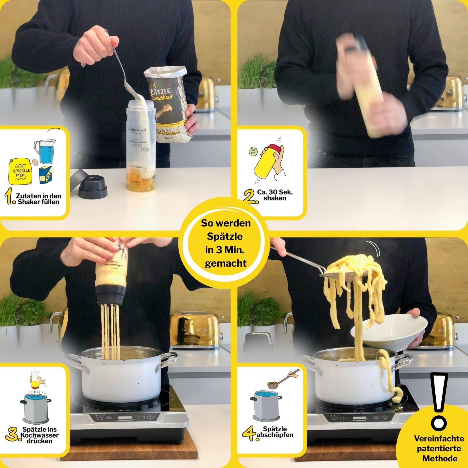 FOOD-SHAKER-SET mit 875ml-Pfannkuchen-Shaker + 4-Portionen-Spätzle-Shaker Teigmixer mit Spätzlepresse und Portionierer Patentiert Made in Germany in der Farbe BLAU