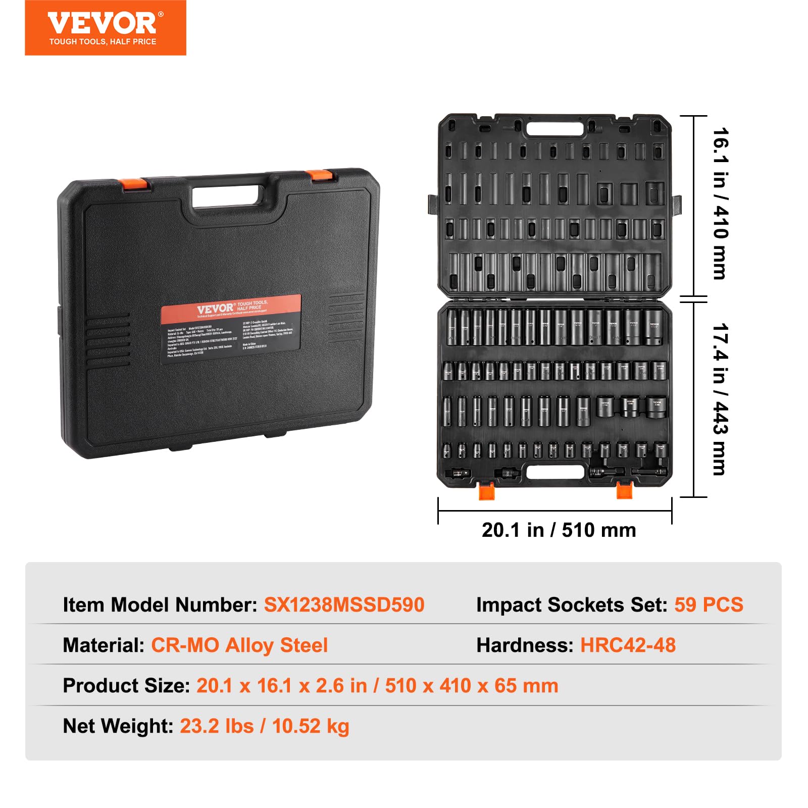 VEVOR Zestaw nasadek udarowych 3/20.3 cm i 1/5.1 cm 59 szt. SAE 5/40.6 cm do 1-1/10.2 cm i metryczne 6-32 mm, 6-punktowa stal stopowa Cr-Mo do automatycznej naprawy, łatwe do odczytania oznaczenia,