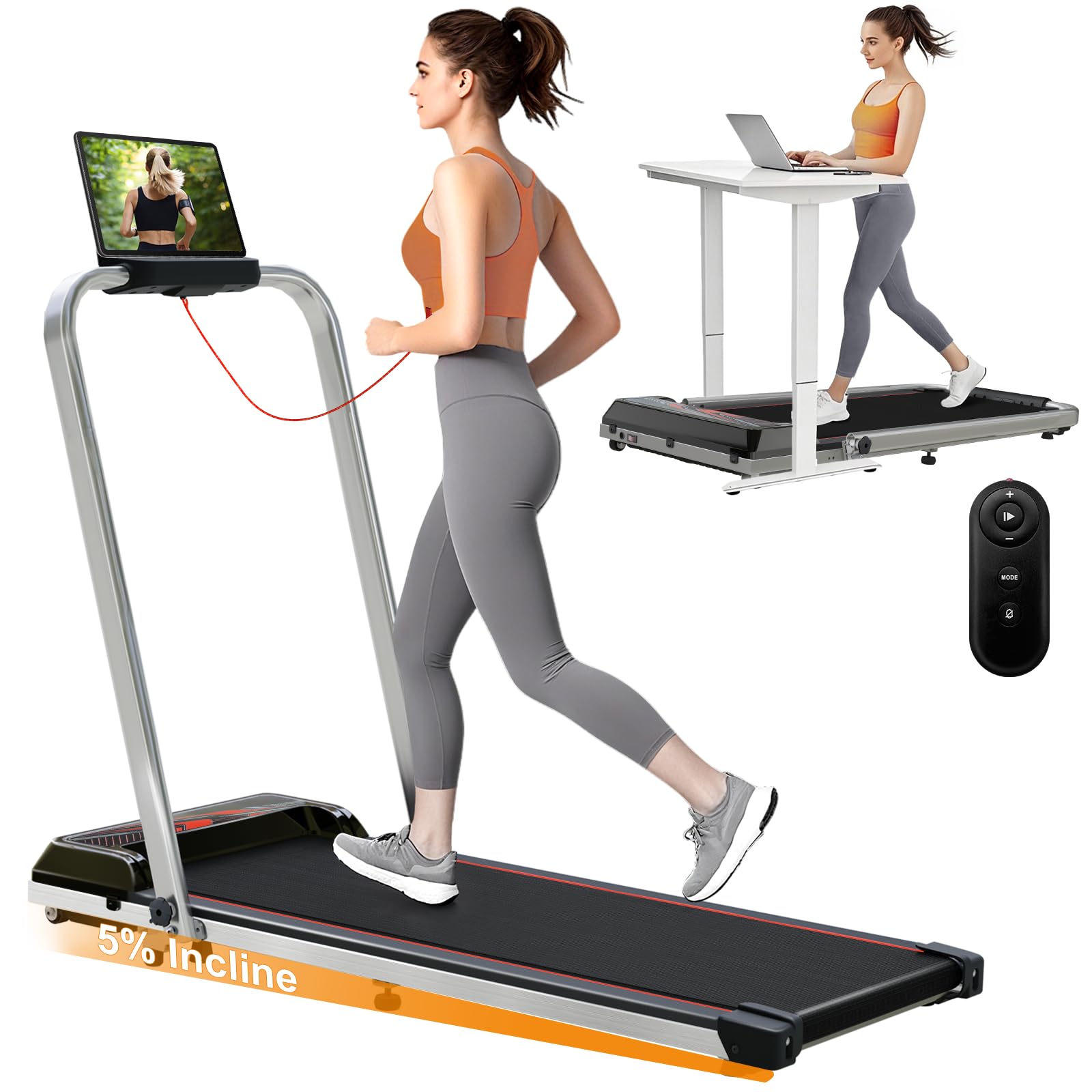 Photo 1 of (tested)(powers on) Treadmill with Incline, 3 in 1 Under Desk Treadmills for Home Office w/3.0HP Motor/7.6MPH/45dB, Walking Pad with Handle Bar/Remote/LED Display, Walking Pad Treadmill with Incline Supports Up to 350lbs