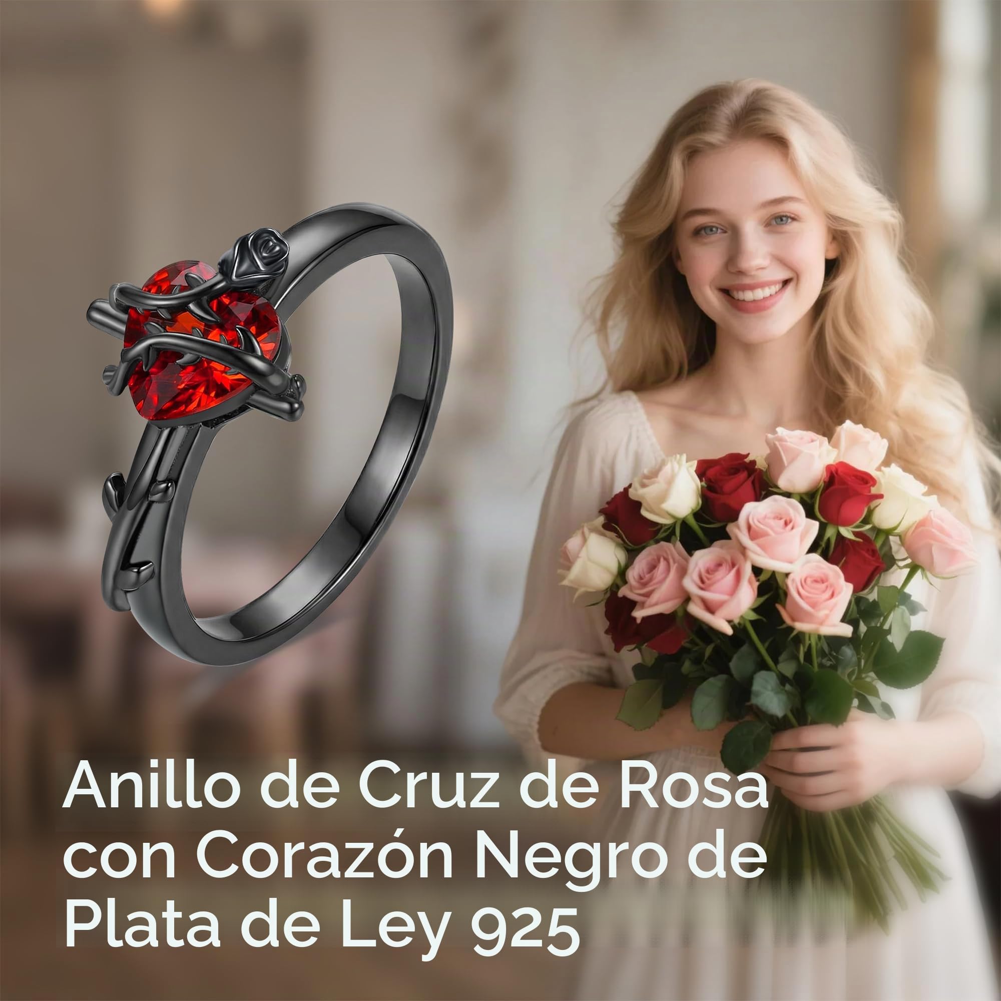 DAYLINLOVE Anillo de rosa negra de plata de ley 925 con cruz gótica de corazón rojo, anillo de rosa gótica, regalo para mujeres, niñas, 7