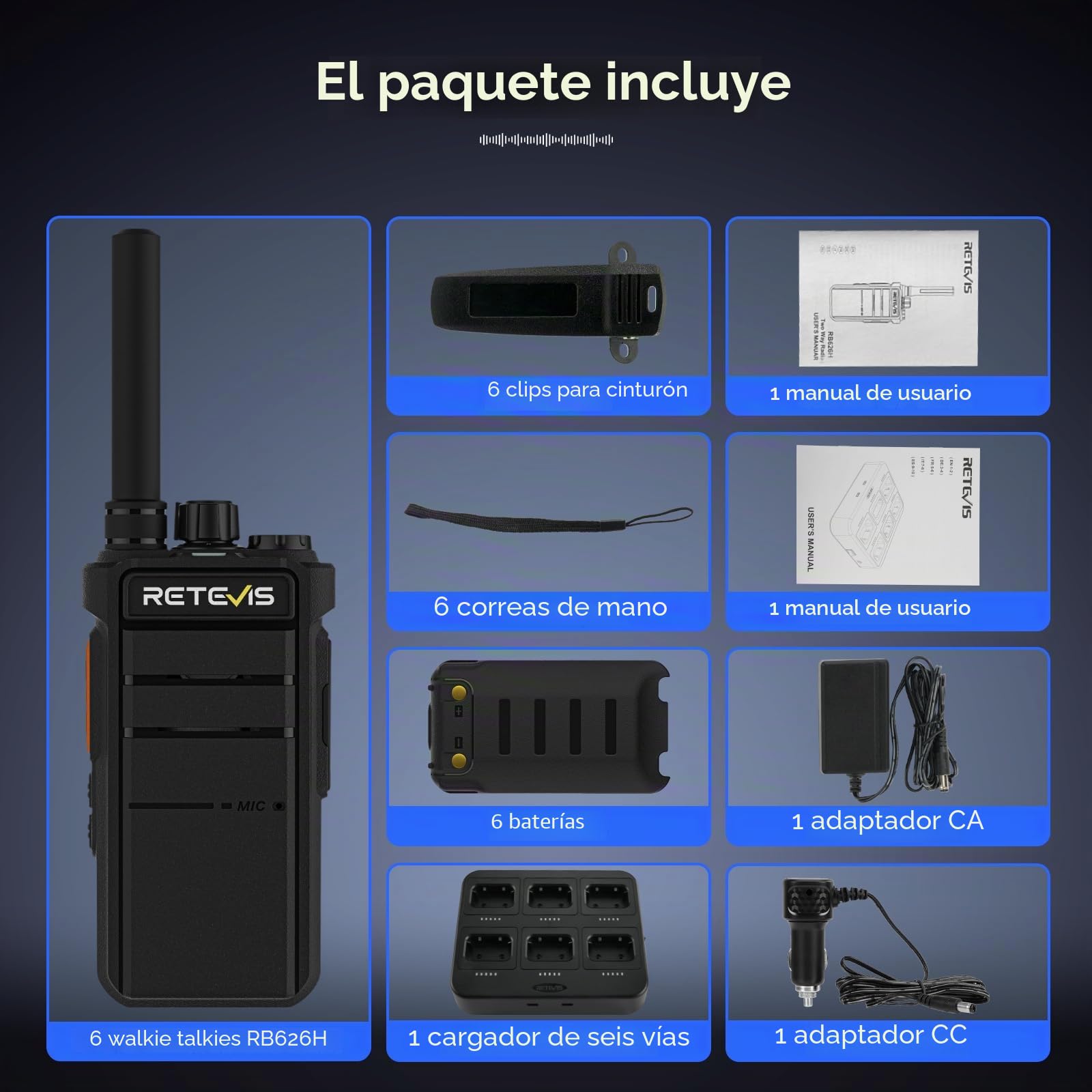 Retevis RB626H Walkie Talkie Largo Alcance, Profesionales Radio Bidireccionales Cargador de 6 Vías Carga Rápida, 2000mAh, VOX, Walkie Talkie Portátil para Seguridad, Escuelas(Negro, 6 Piezas)