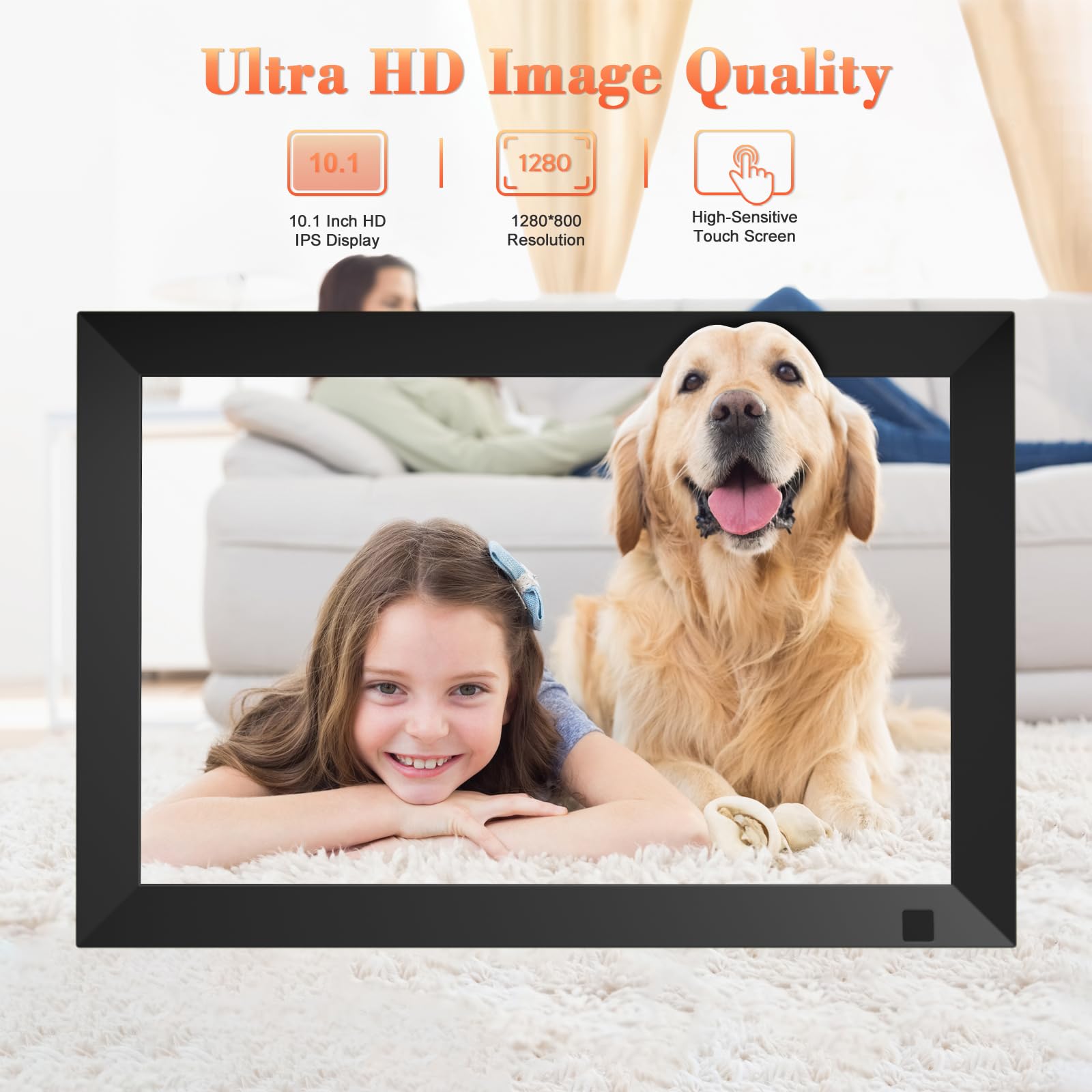 Cadre Photo Numérique WiFi de 10,1 Pouces, Mémoire Intégrée de 64 Go, Écran Tactile IPS LCD de 1280x800, Rotation Automatique et Fonction Audio, Partage à Distance de Photos et Vidéos