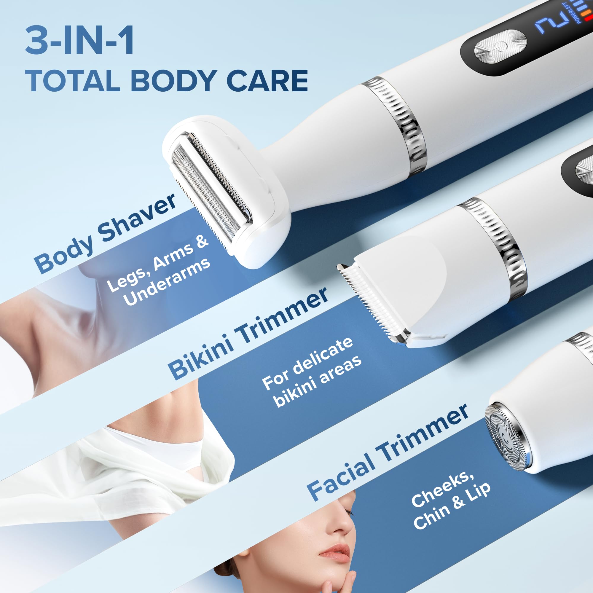 BarberBoss SmoothCare - Rasoio elettrico 3 in 1 per donne, corpo, bikini e viso, con display a LED, controllo a doppia velocità, rasoio portatile da donna, 4 pettini guida (Bianco, Argento)