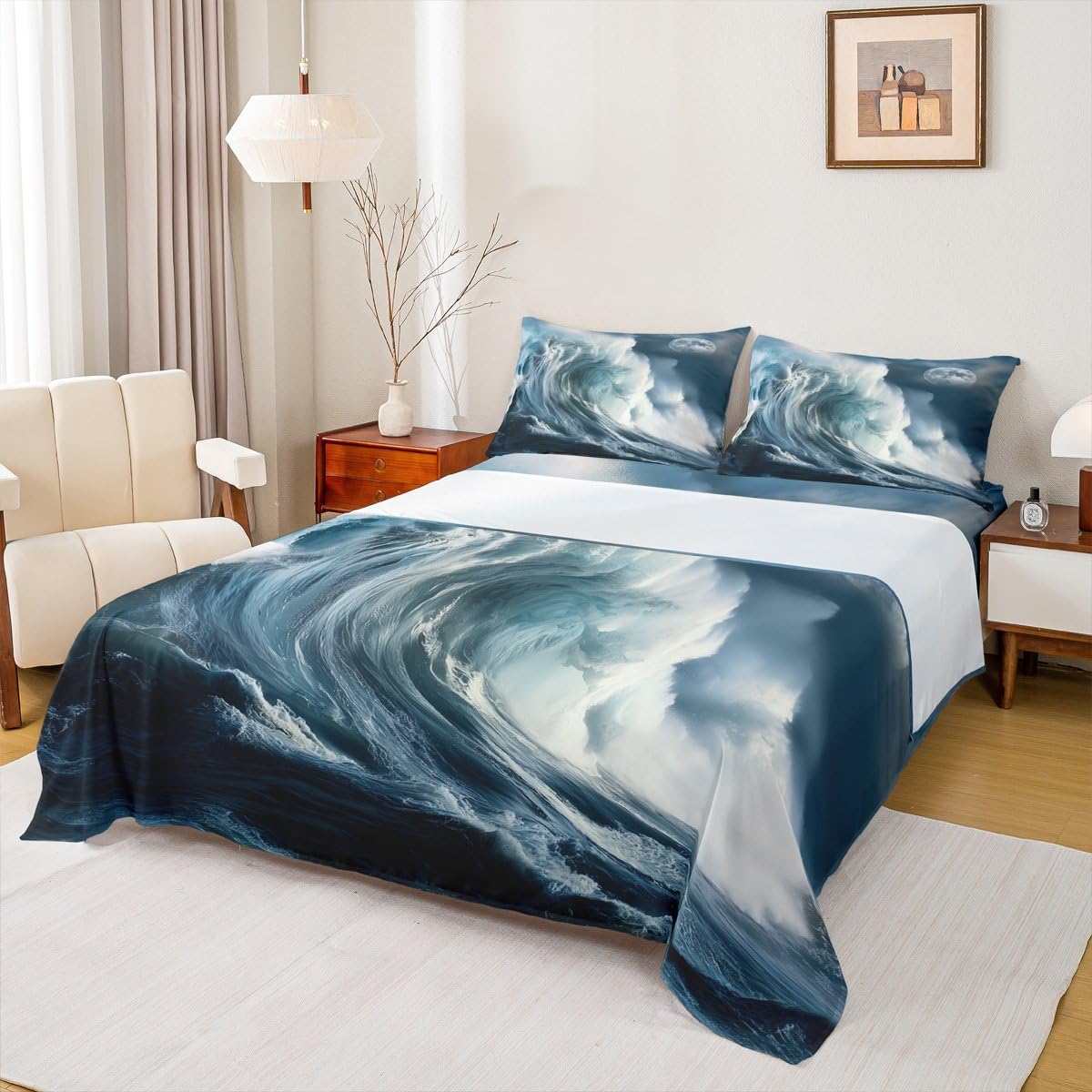 Manfei Tsunami Kids Sheet Queen Size Huge Sea Waves Ocean Bedding Set Girls Boys Adults Room Decor Natural