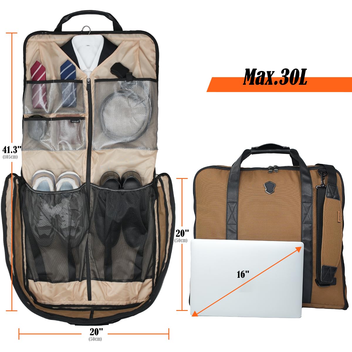 WELKINLAND 2-Suit Carry On Garment Bag per viaggi, 30-L Suit Holder Travel Bag, 8-Pocket Garment Bag per gli uomini, senza pieghe borse per abiti da viaggio per abiti, durevole borsa da viaggio porta