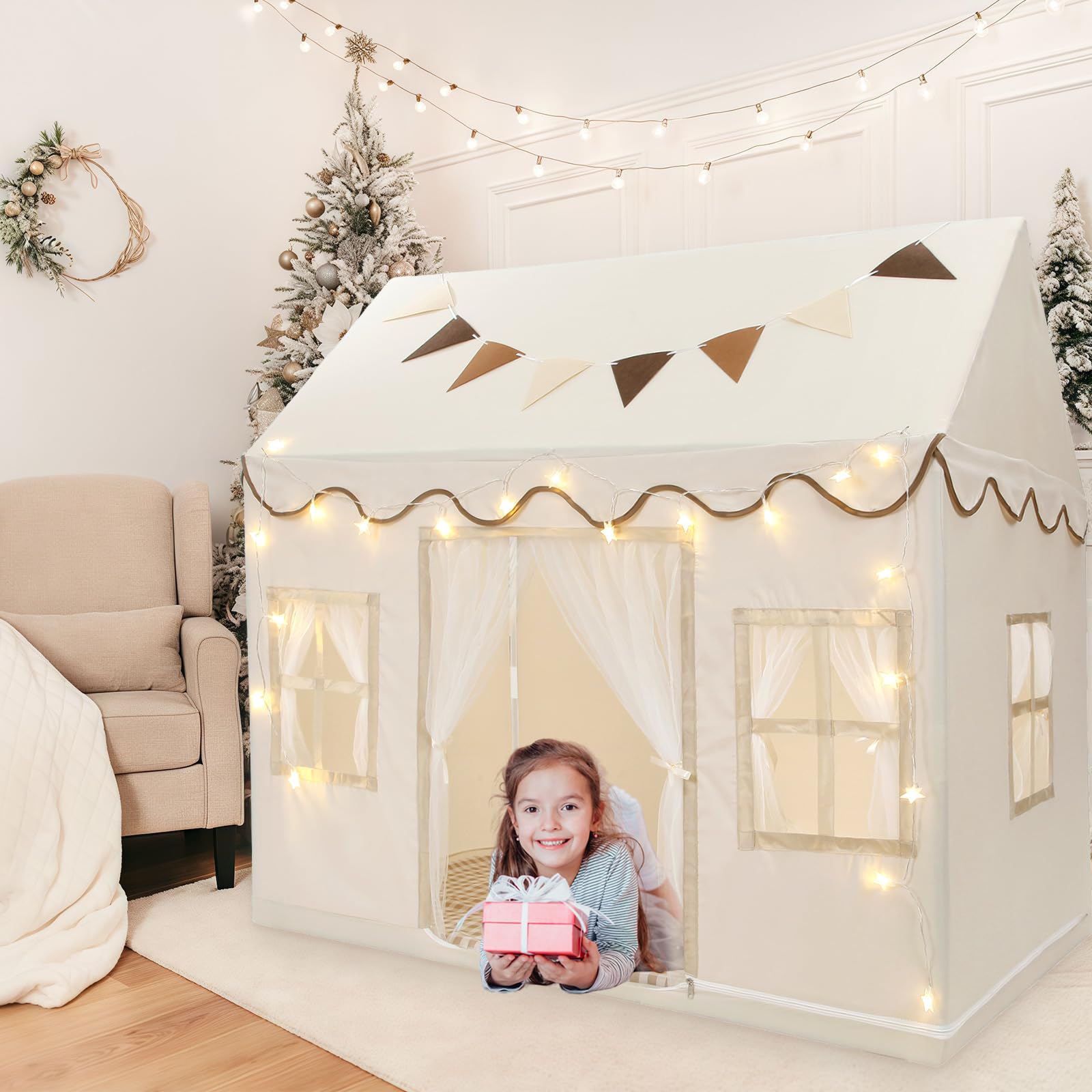 Tienda de campaña para niños, casa de juegos grande con cuerda de estrella, bandera, lavable a máquina, tienda de campaña para interiores y exteriores para niños, niñas y niños de 3 años en 8