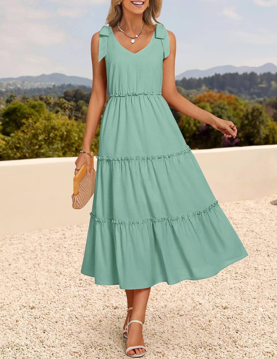 ZESICA Women's 2026 Summer Boho Sleeveless Midi Dresses Casual V Neck Spaghetti Strap Flowy A Line Tiered Beach Long Sundress - Image 2