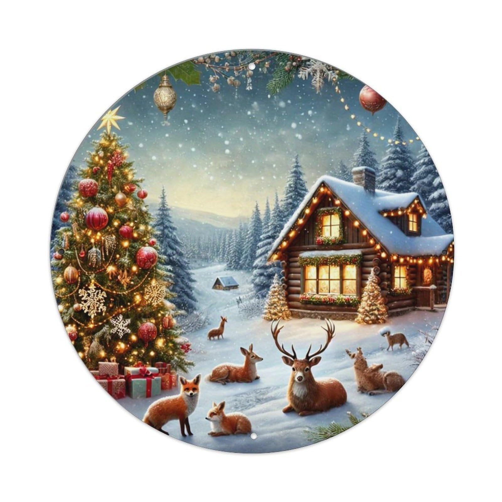 Cozy Winter Cabin Christmas Scene Vintage Metal Tin Sign Retro Wall Decor for Home Bar Garage Cafe, Indoor & Outdoor Decorative，circle Metal Poster, 8x8 Inch