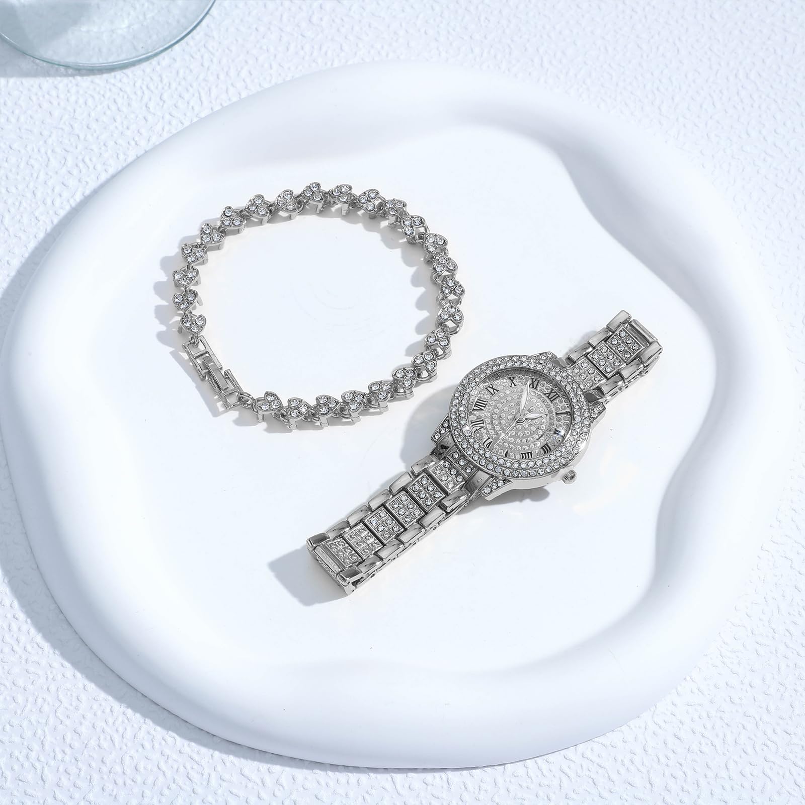 NEWITIN 2 Pieces Women Diamond Watch Bracelet Set Luxury Fashion Jewelry Cubic Zirconia Wristwatch Bracelet Gold Watch Jewelry Set for Women