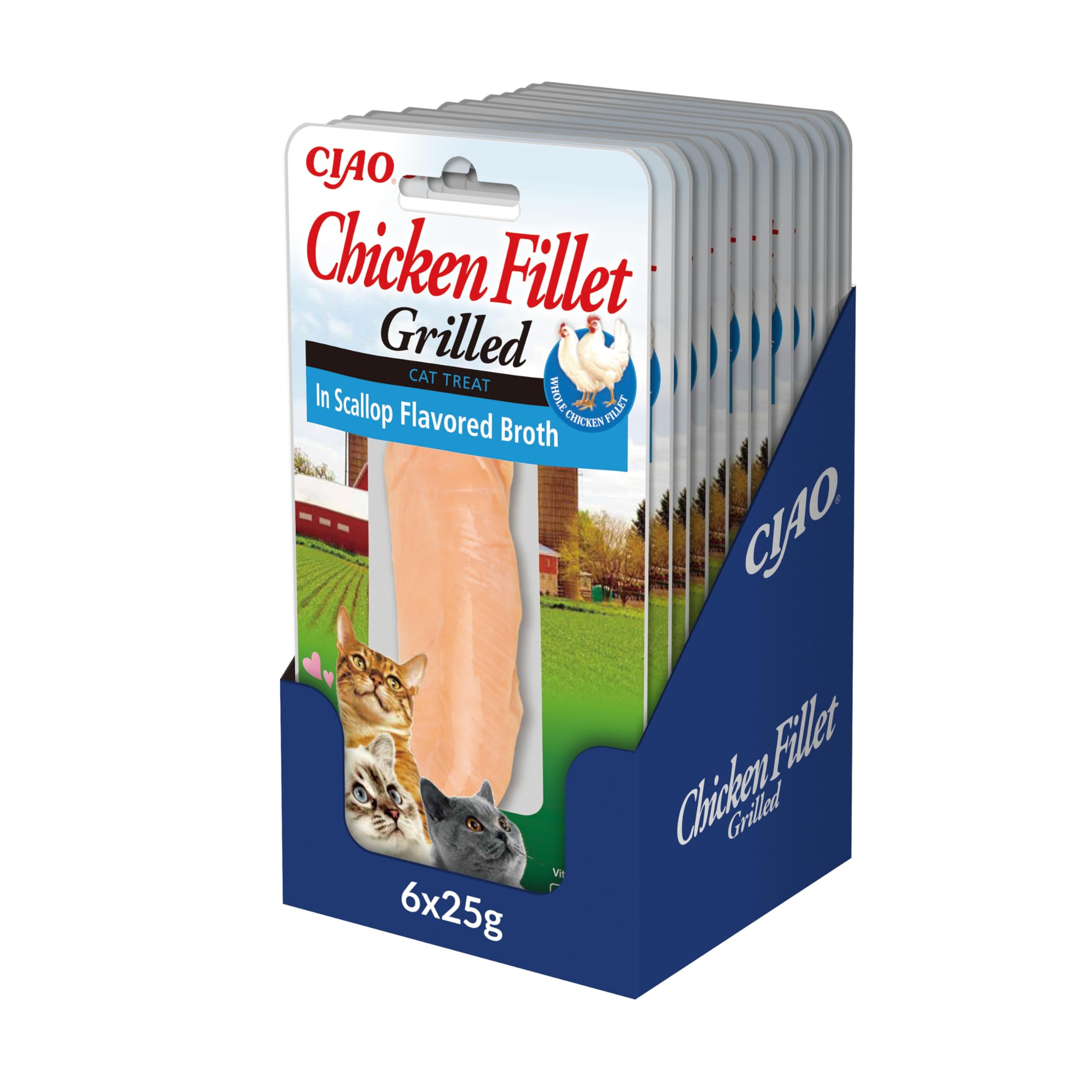 INABA Chicken Fillet Grilled - Friandises pour Chats en Filet de Poulet - Bouillon Aromatisé au Pétoncle - Snack Grillé et Riche en Antioxydants - Nourriture pour Chats - 12 Filets de 25g