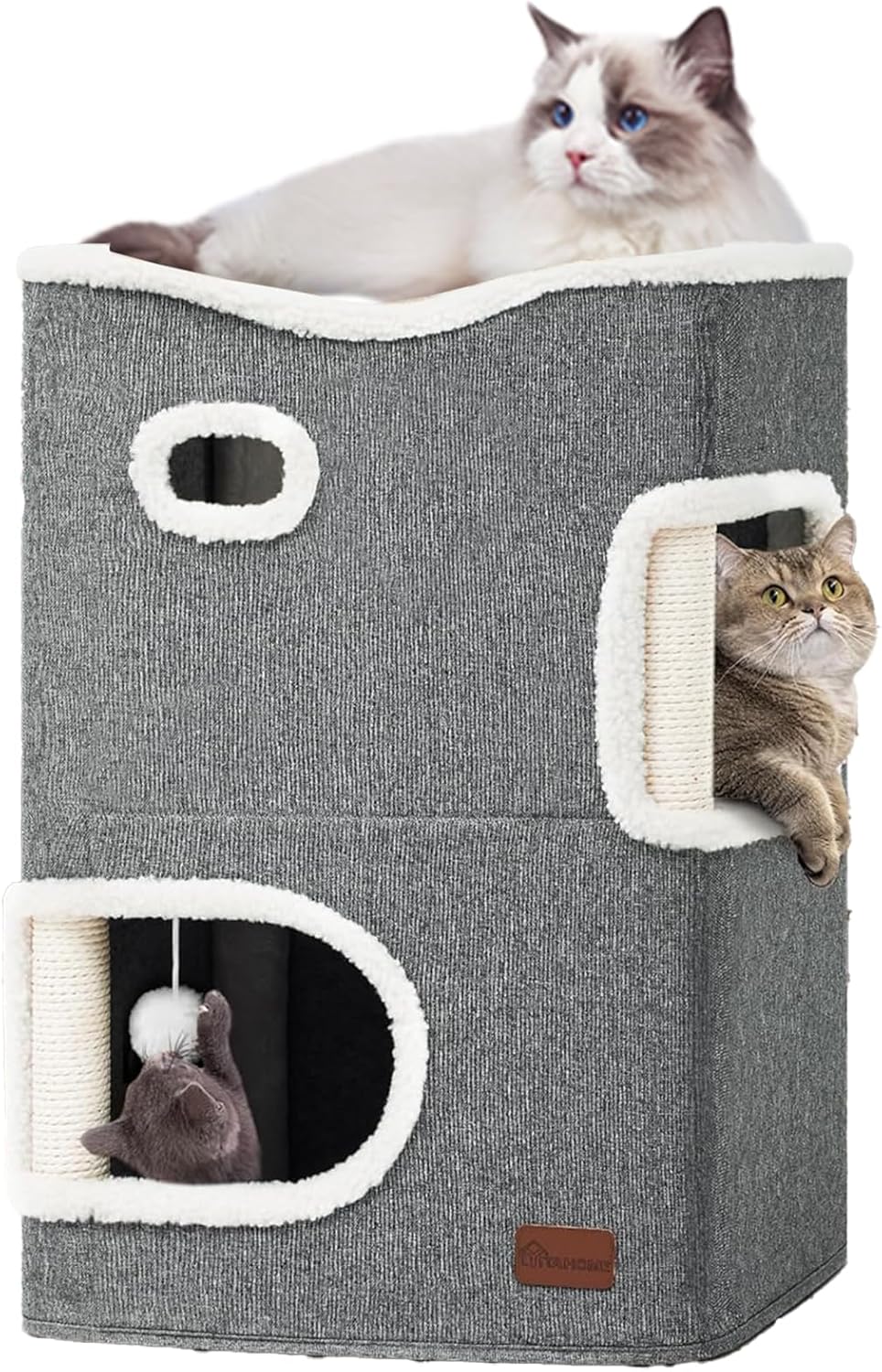 Cat Bed Cat House Cave & Tower Foldable Indoor 3 Layer with Clawsable Scratching post Board and Fluffy Ball, Eparate Into 2 Large Cats Cube Bed Cave with Hideaway Condos,Hold Up to 30LBS