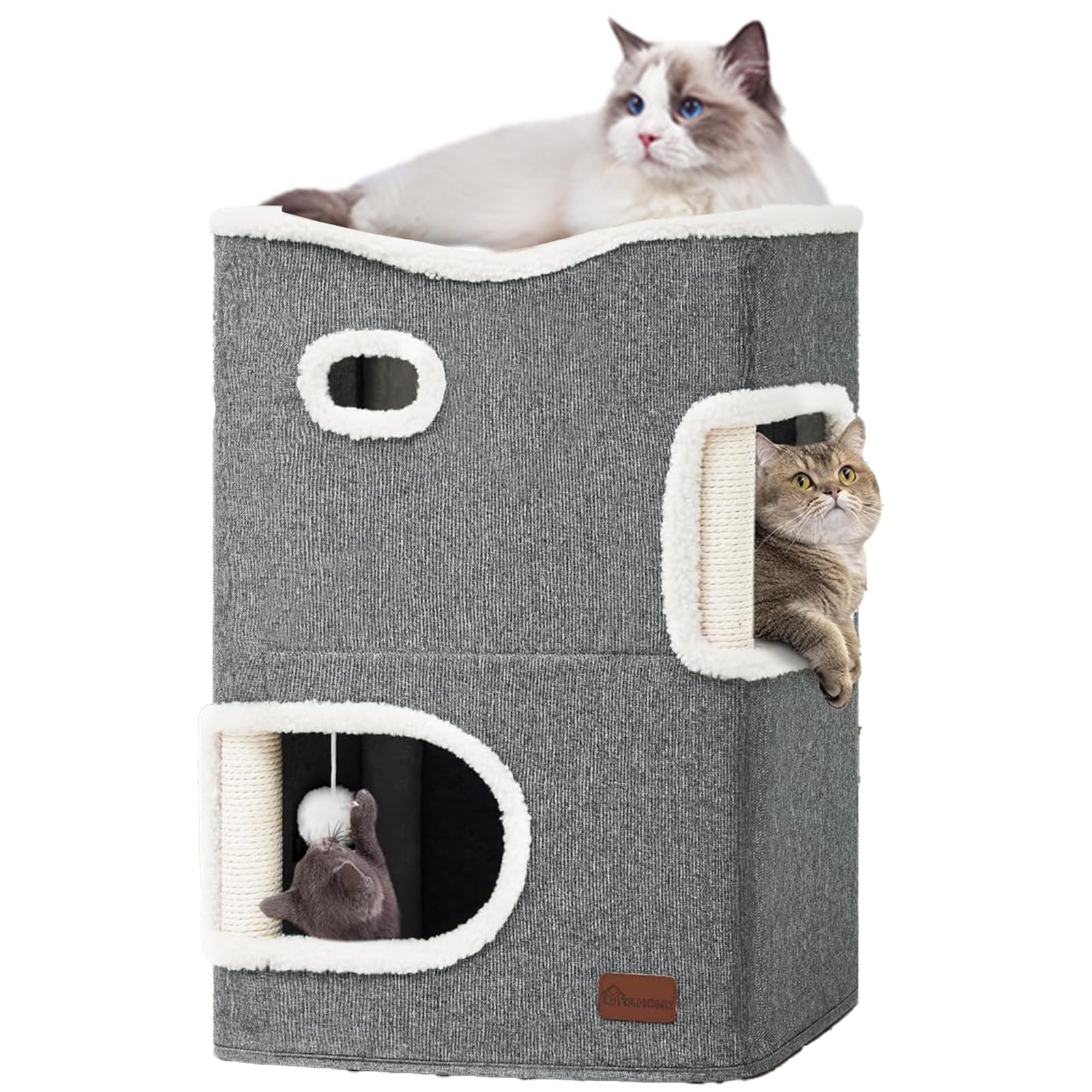 YITAHOME Casa Gatos Interior, Cama Gato, Cama para Gatos, Casa para Gatos con Rascador & Pelota & Hamaca Superior, Casita para Gatos, Caseta para Gatos, Castillo Gatos, 45 * 35 * 63cm (Gris)