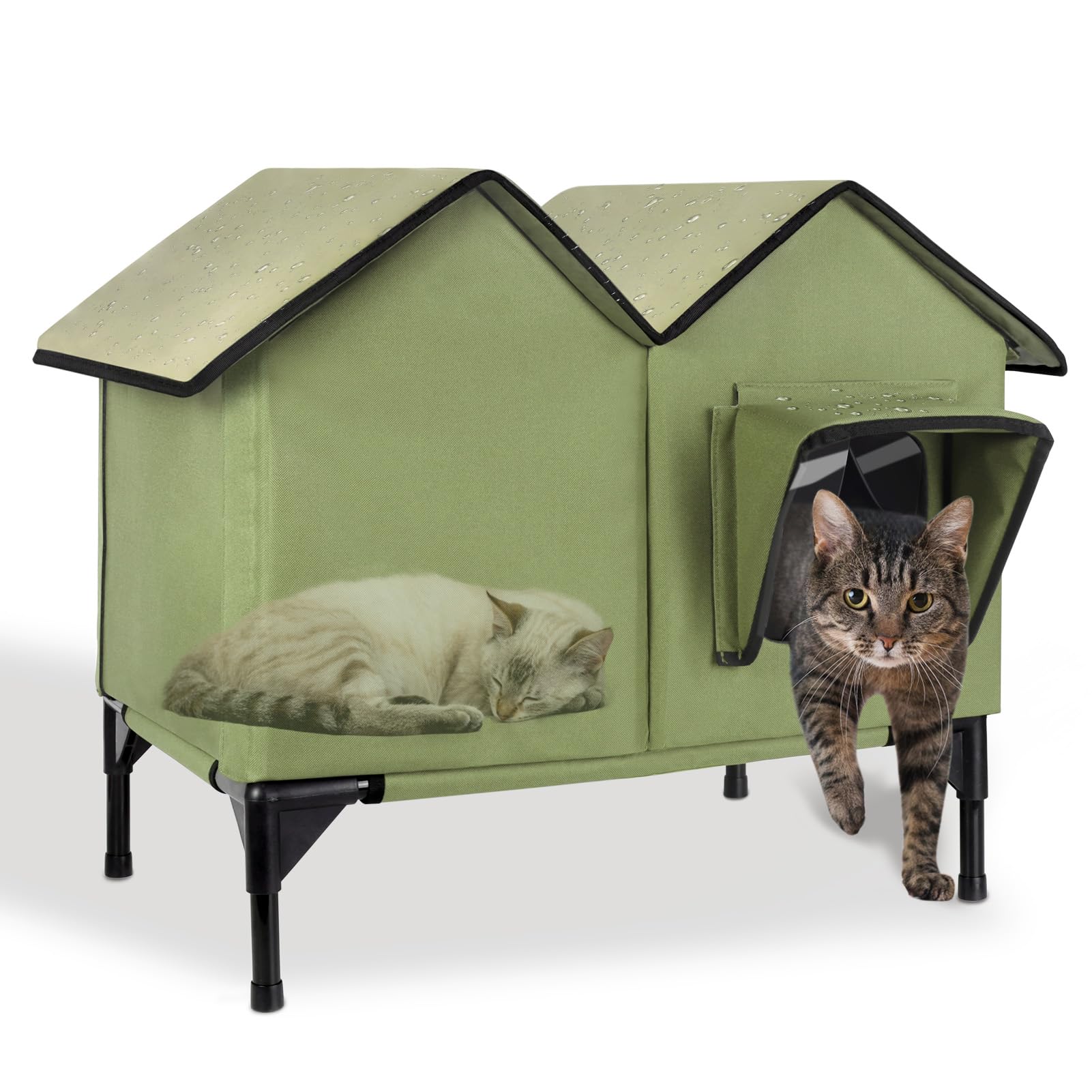 Outdoor Cat House, Large Waterproof Cat Kennel with Elevated Base, Pet House for Indoor Outdoor Cats and Small Dogs, Feral Cat Shelter for Multiple Cats, Green