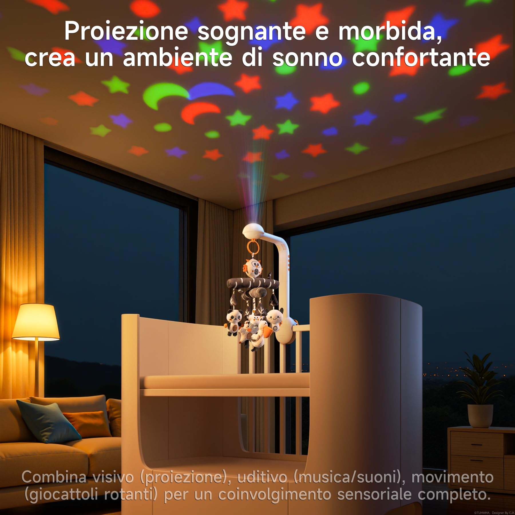 TUMAMA Giostrina Culla Neonato, 3 in 1 carillon giocattolo con Rimovibile Pendente, Proiezione Luce Notturna, Musica e Rumore Bianco, Baby Mobile Giocattoli per Neonati 0 2 3 6 Mesi Regalo di Natale