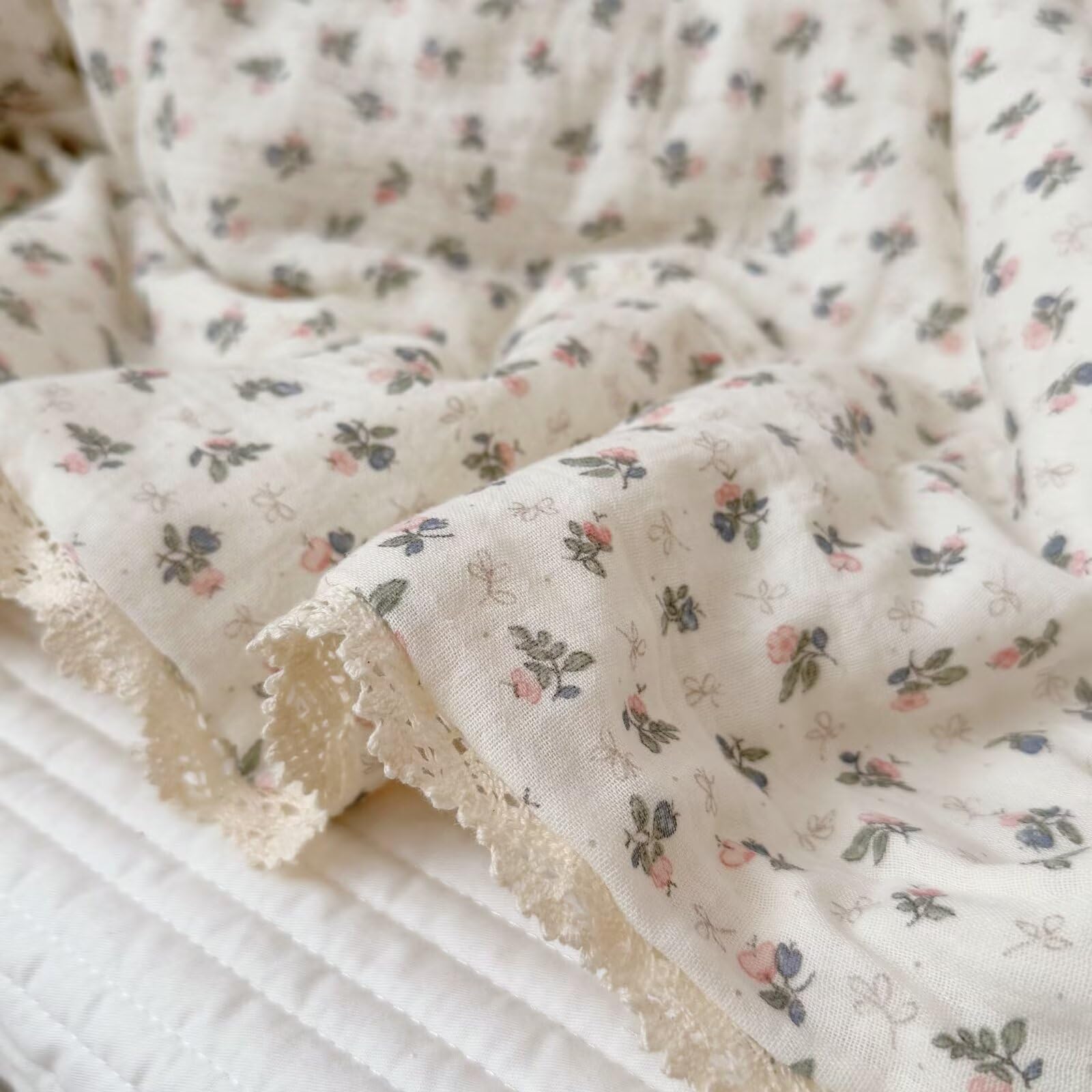 BuLuTu Coperta trapuntata in mussola di cotone con stampa a fiori rosa, per bambine e ragazzi, leggera e morbida, per culla, per bambini, per tutte le stagioni, 119,2 x 150,2 cm